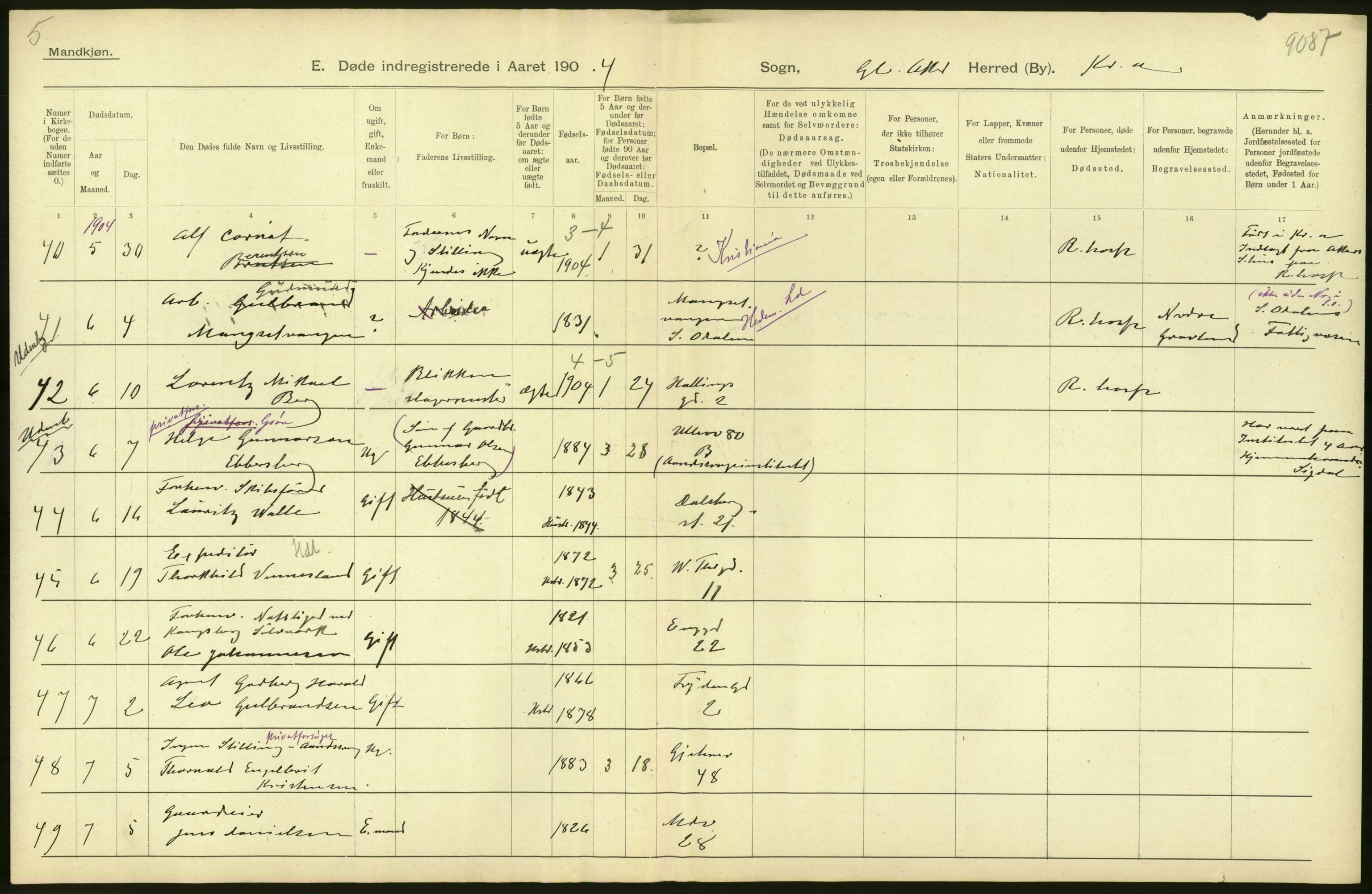 Statistisk sentralbyrå, Sosiodemografiske emner, Befolkning, AV/RA-S-2228/D/Df/Dfa/Dfab/L0004: Kristiania: Gifte, døde, 1904, p. 374