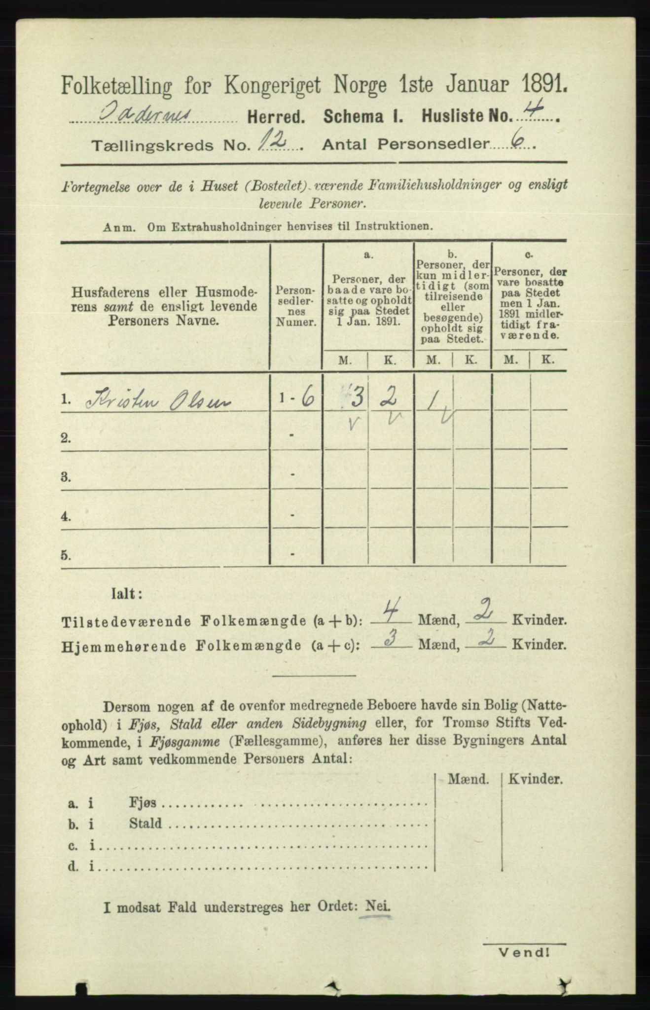 RA, 1891 census for 1012 Oddernes, 1891, p. 4314