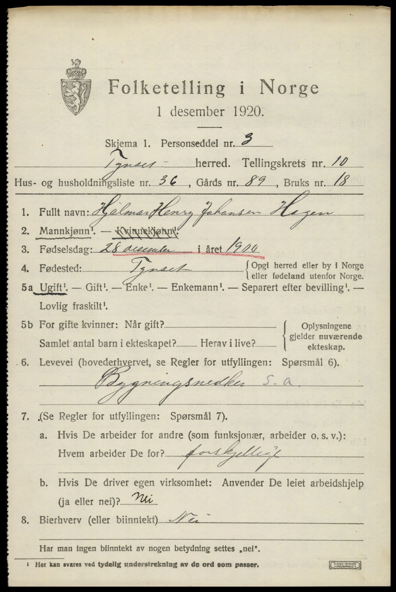 SAH, 1920 census for Tynset, 1920, p. 7990