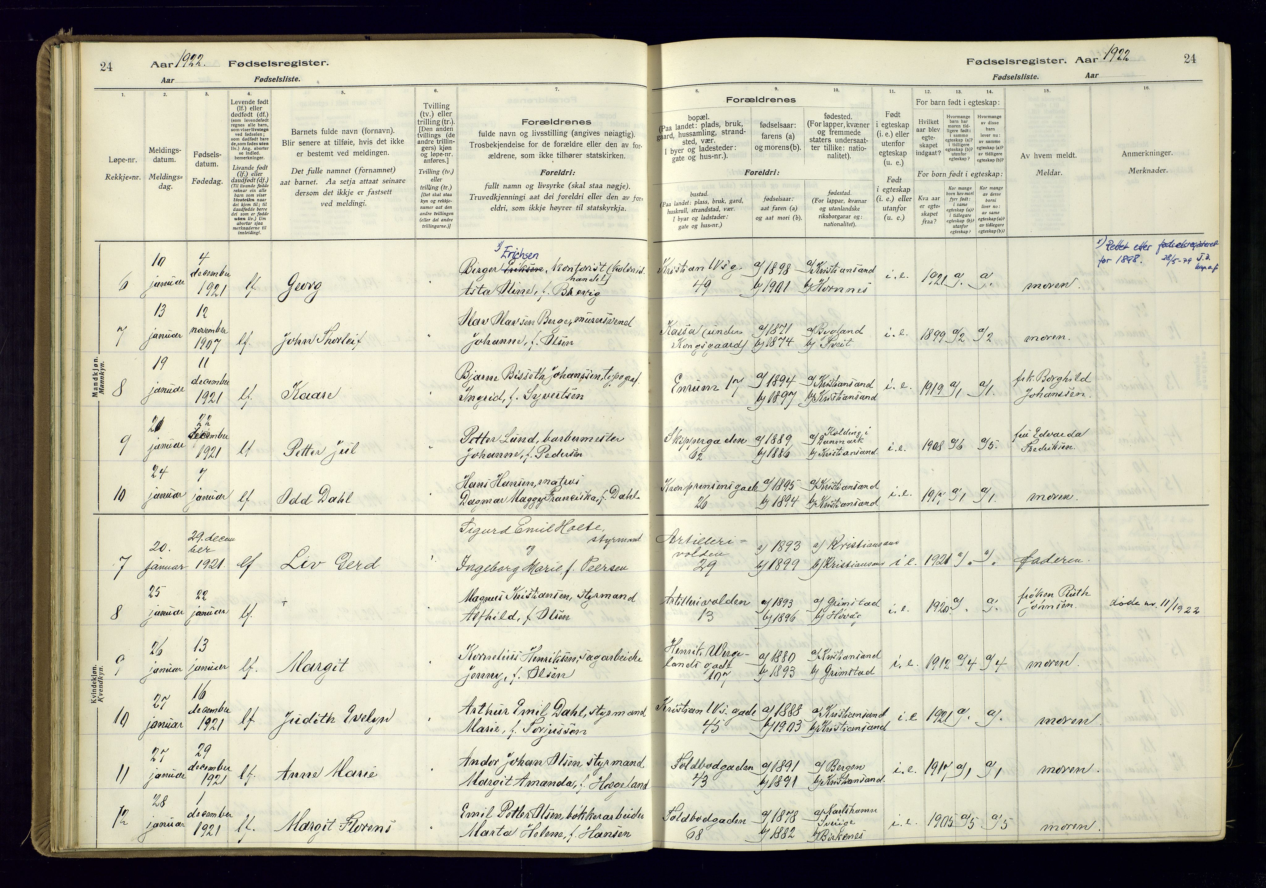 Kristiansand domprosti, AV/SAK-1112-0006/J/Jc/L0002: Birth register no. A-VI-46, 1921-1926, p. 24