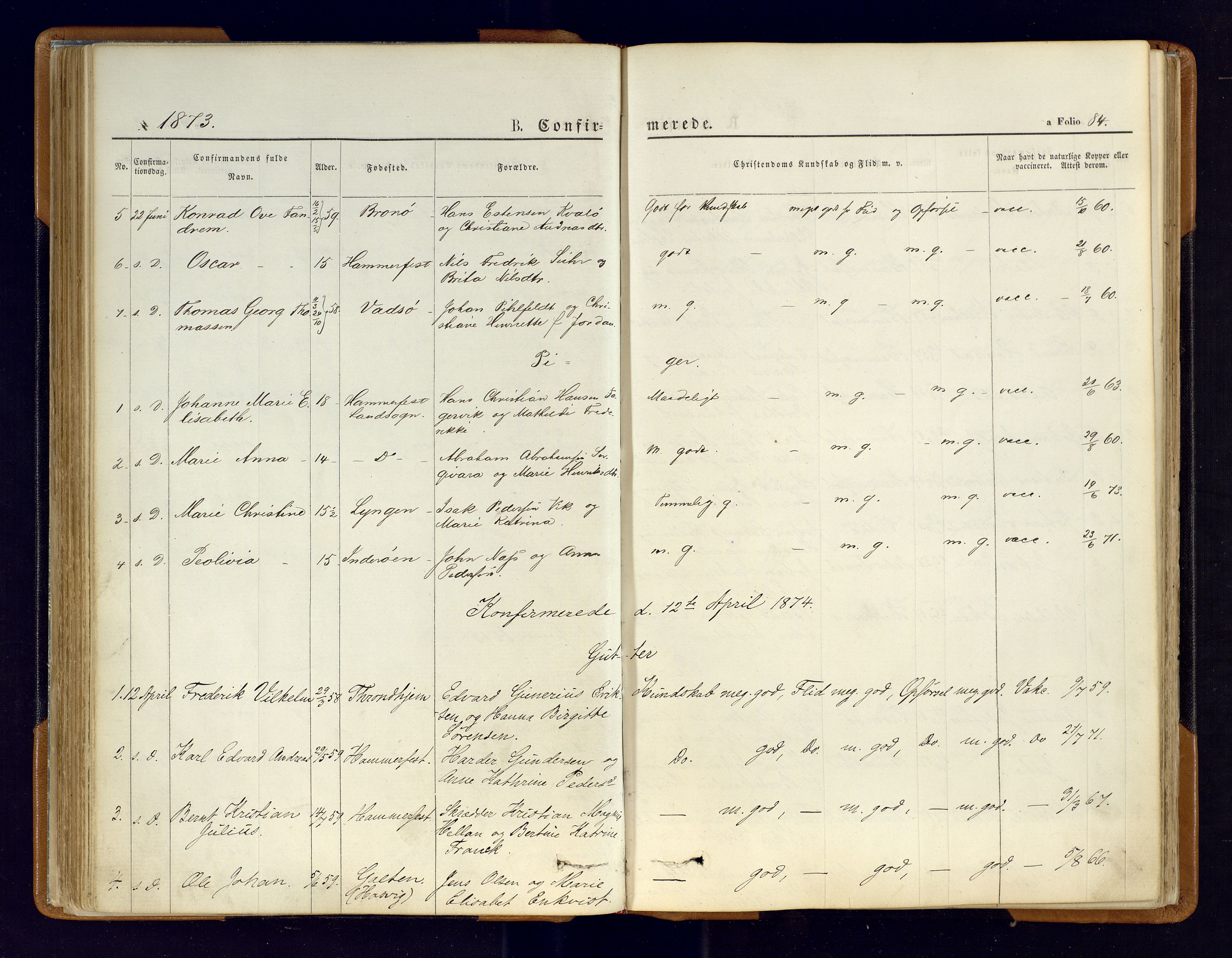 Hammerfest sokneprestkontor, AV/SATØ-S-1347/H/Ha/L0006.kirke: Parish register (official) no. 6, 1869-1877, p. 84