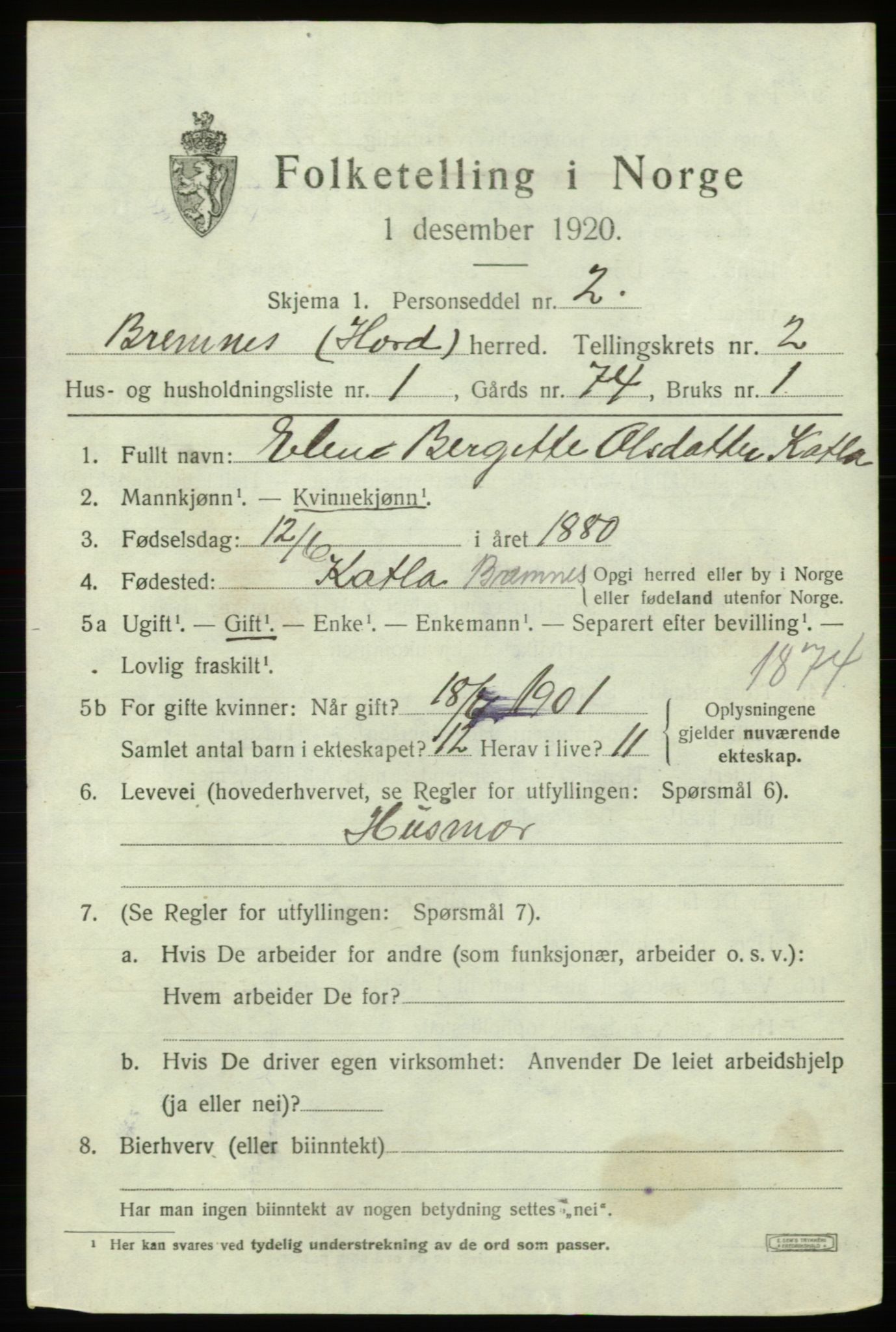 SAB, 1920 census for Bremnes, 1920, p. 1292