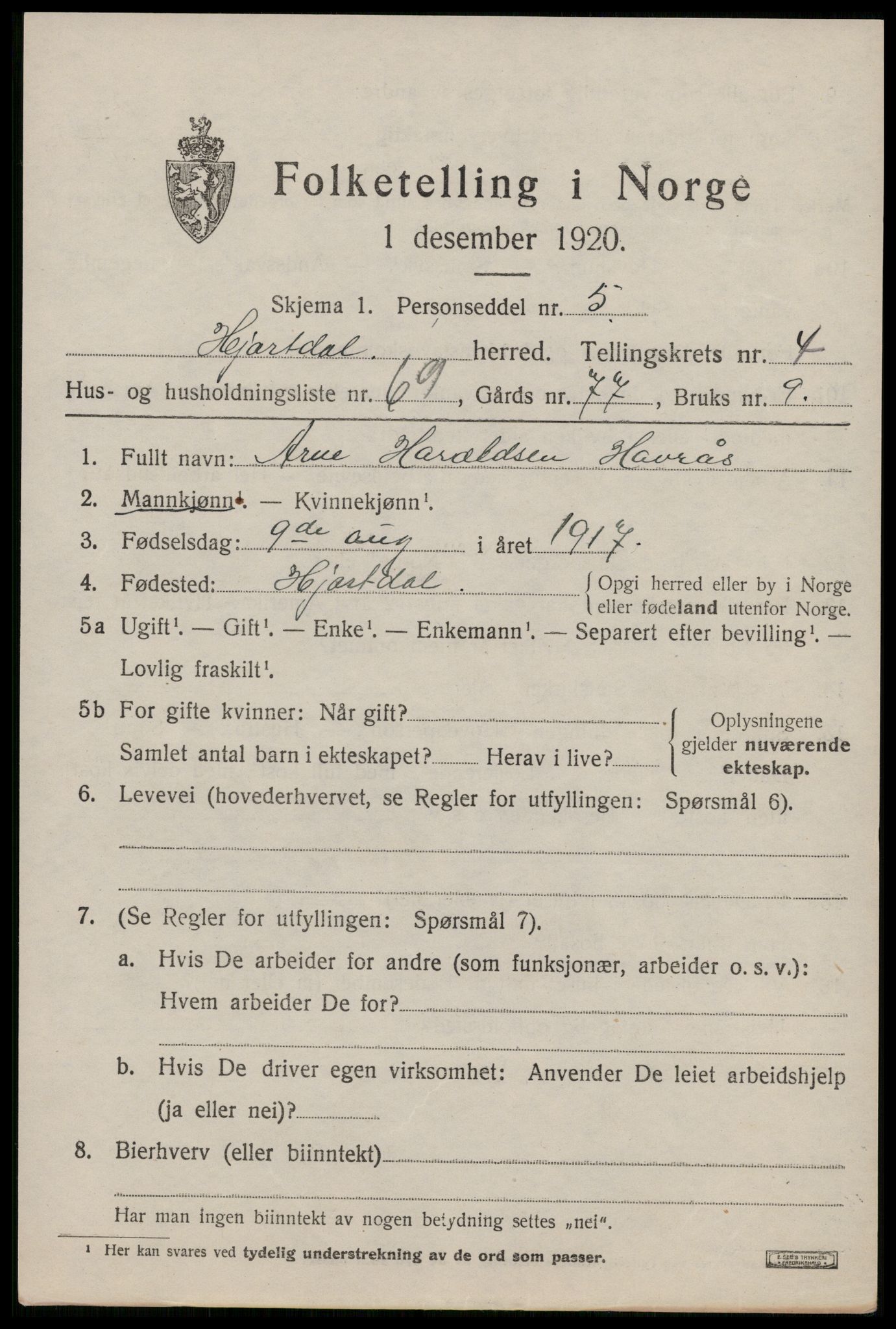 SAKO, 1920 census for Hjartdal, 1920, p. 3468