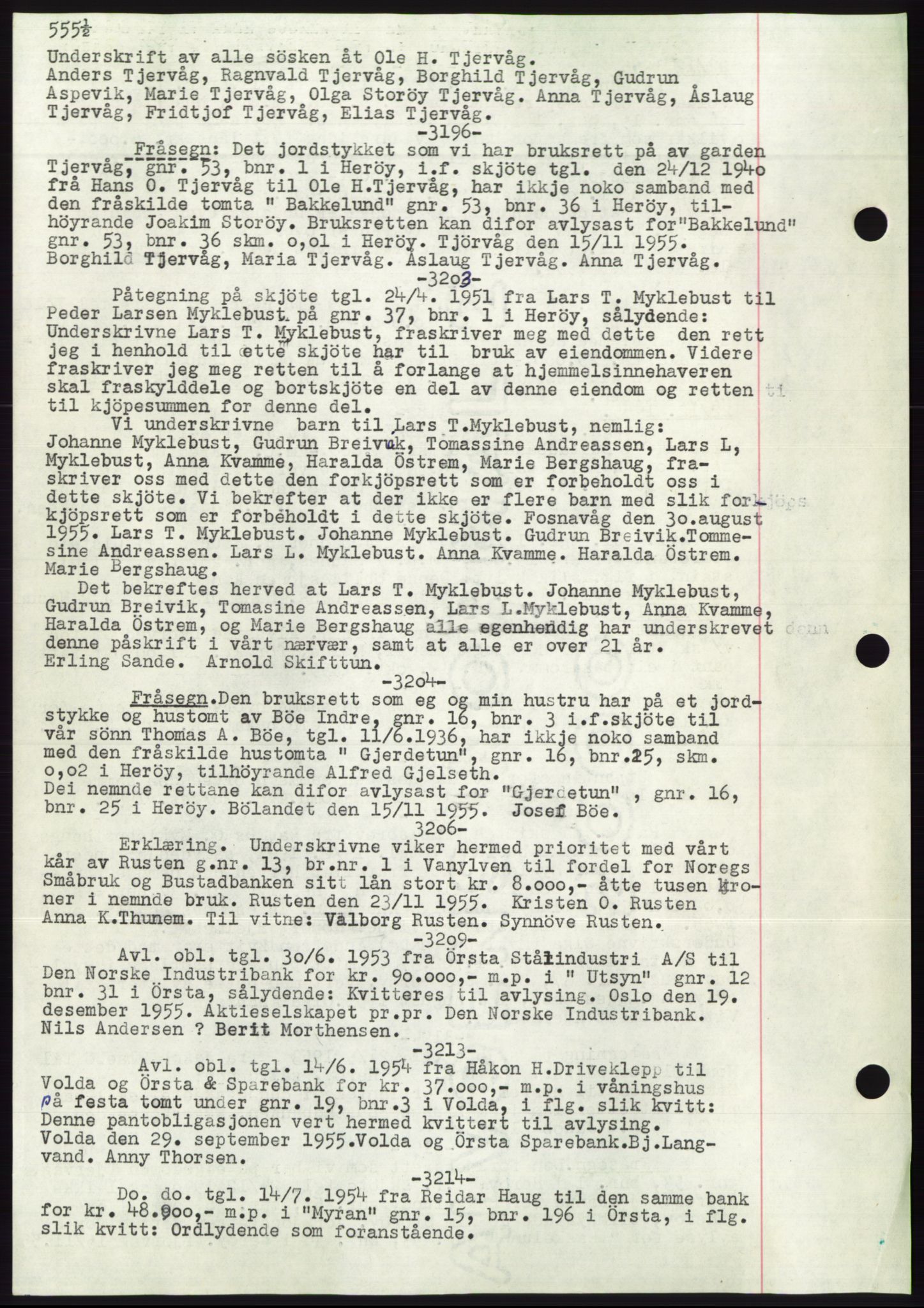 Søre Sunnmøre sorenskriveri, AV/SAT-A-4122/1/2/2C/L0072: Mortgage book no. 66, 1941-1955, Diary no: : 3196/1955