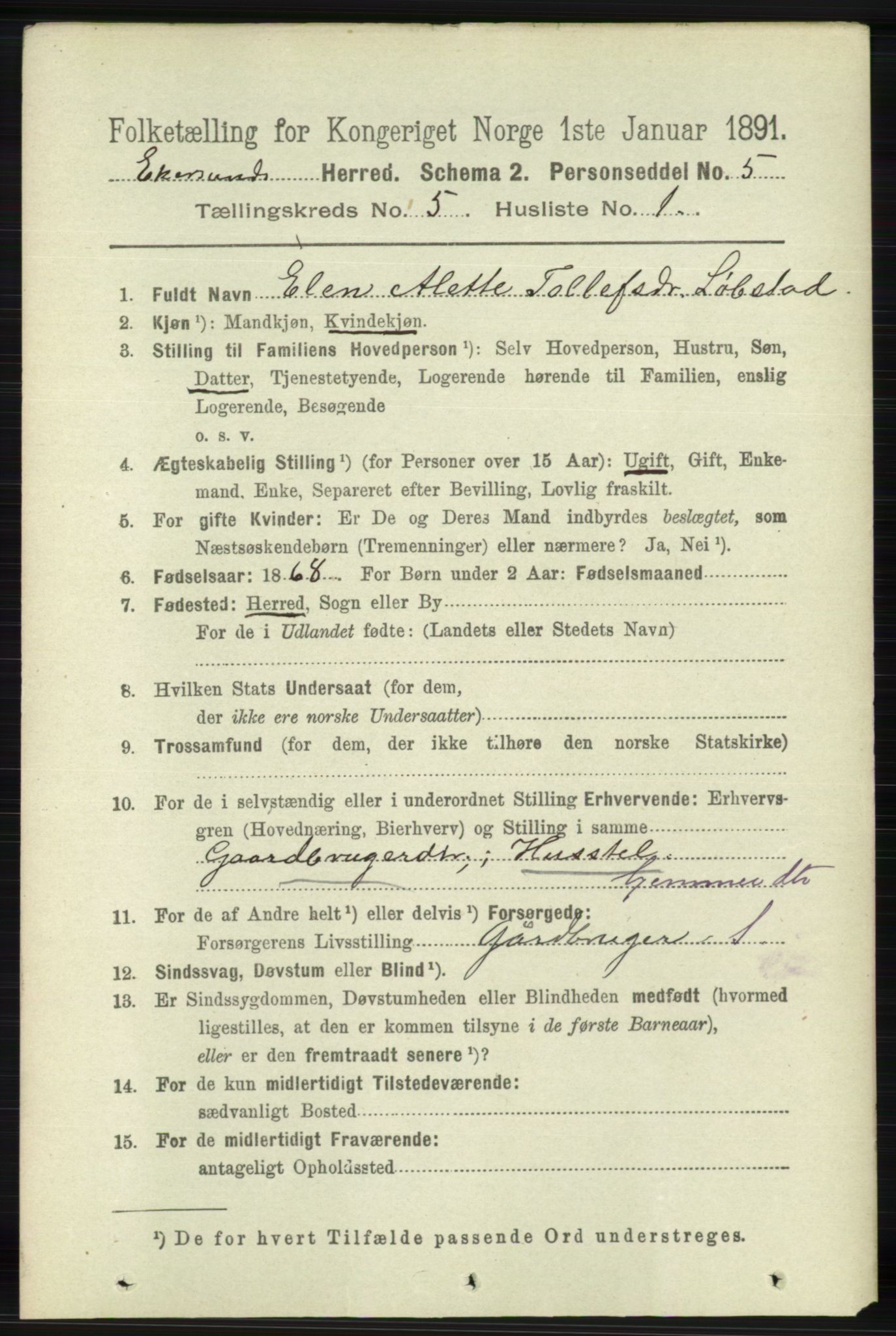 RA, 1891 census for 1116 Eigersund herred, 1891, p. 2049