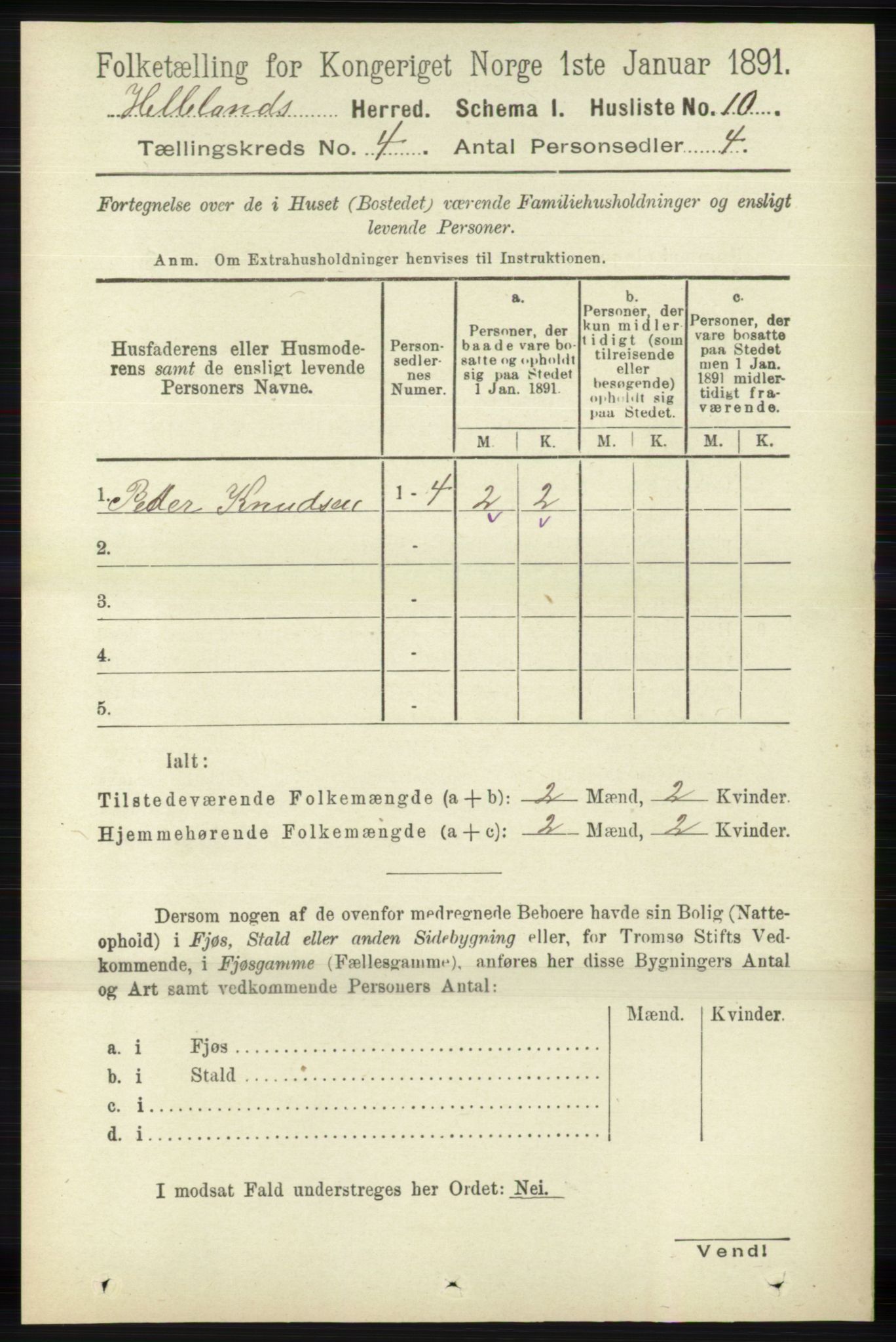 RA, 1891 census for 1115 Helleland, 1891, p. 1121