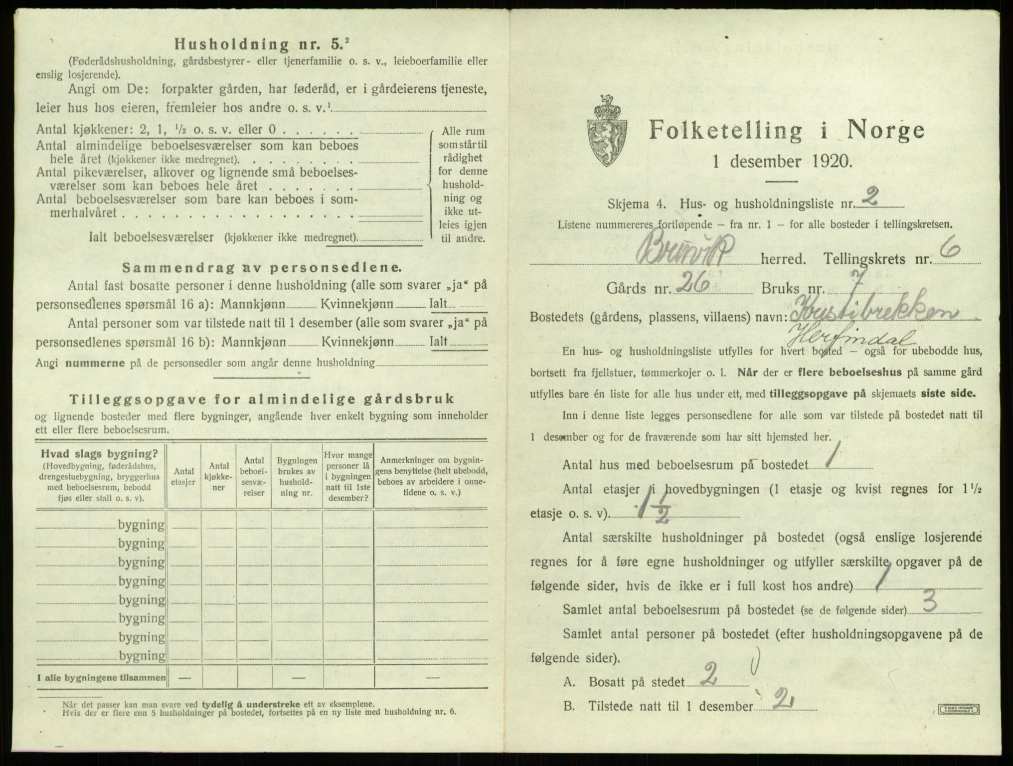 SAB, 1920 census for Bruvik, 1920, p. 406