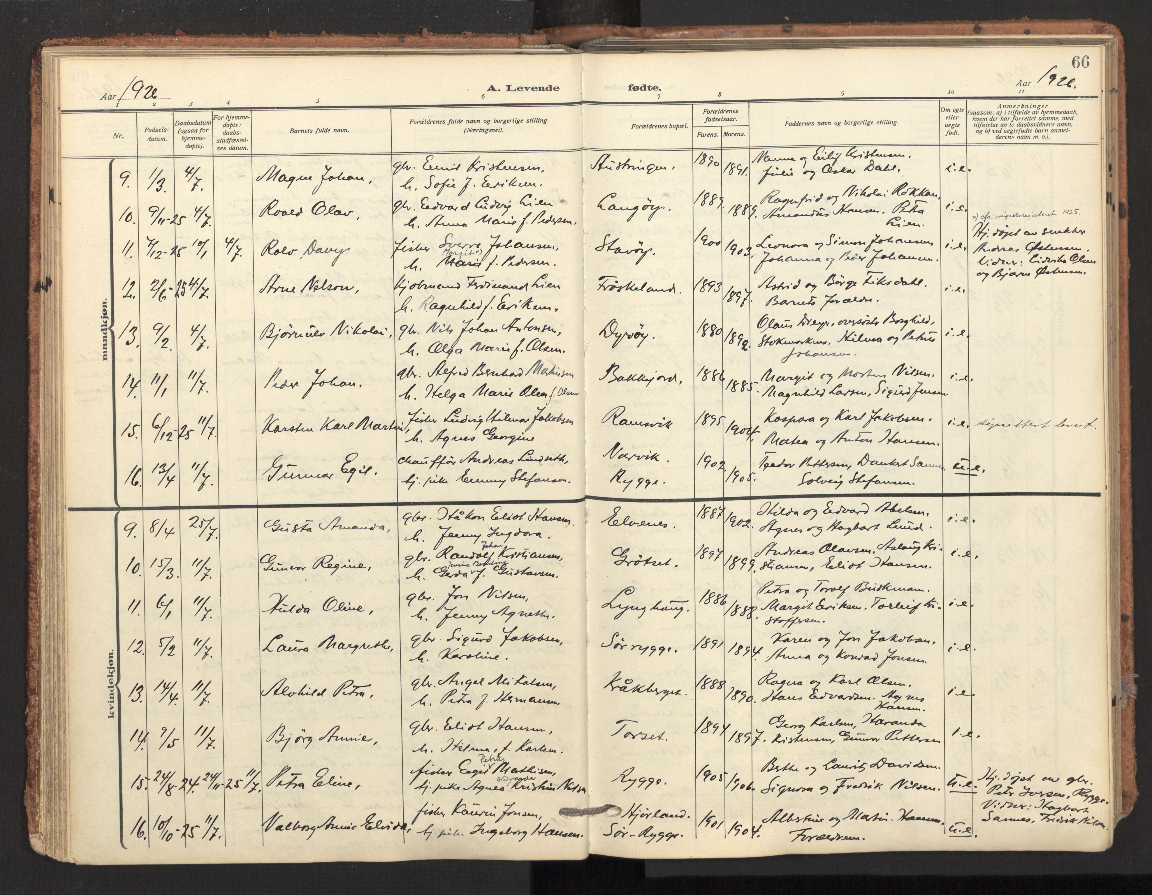 Ministerialprotokoller, klokkerbøker og fødselsregistre - Nordland, SAT/A-1459/893/L1343: Parish register (official) no. 893A15, 1914-1928, p. 66