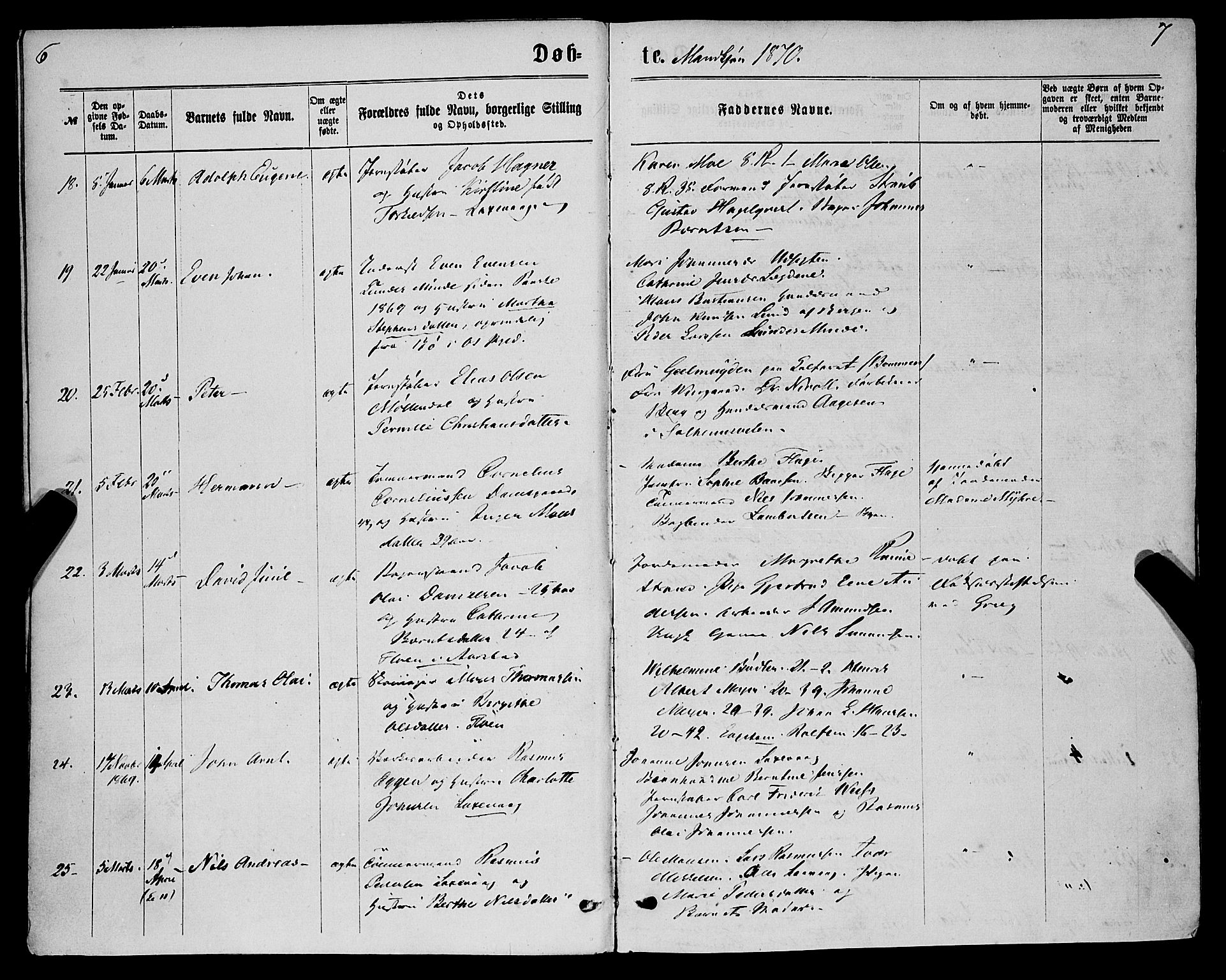 St. Jørgens hospital og Årstad sokneprestembete, AV/SAB-A-99934: Parish register (official) no. A 6, 1870-1878, p. 6-7