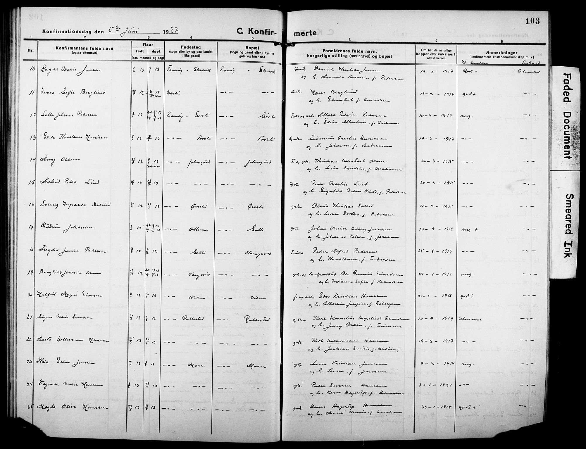 Tranøy sokneprestkontor, AV/SATØ-S-1313/I/Ia/Iab/L0006klokker: Parish register (copy) no. 6, 1919-1932, p. 103