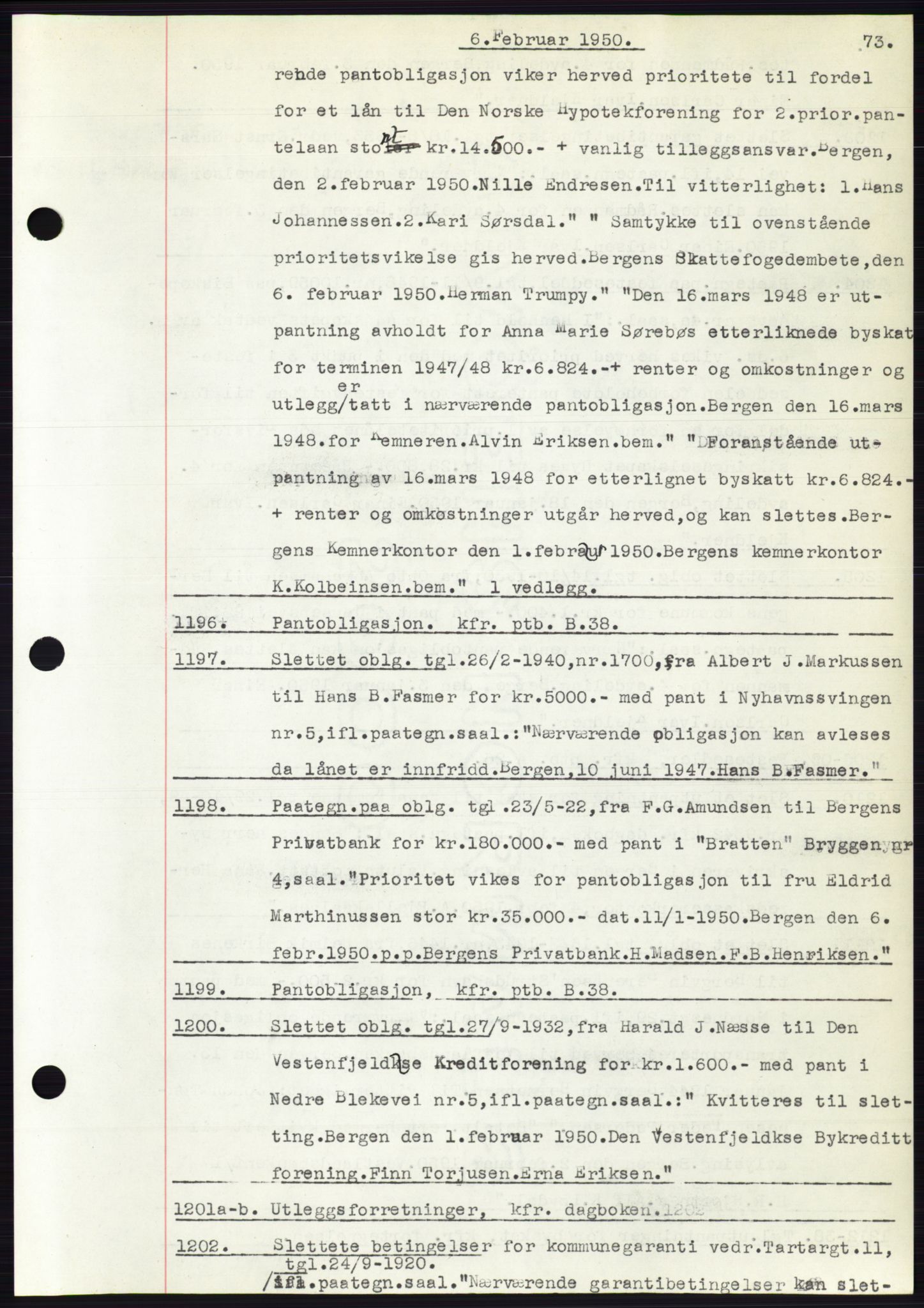 Byfogd og Byskriver i Bergen, AV/SAB-A-3401/03: Mortgage book no. C 38, 1949-1950, Diary no: : 1196/1950