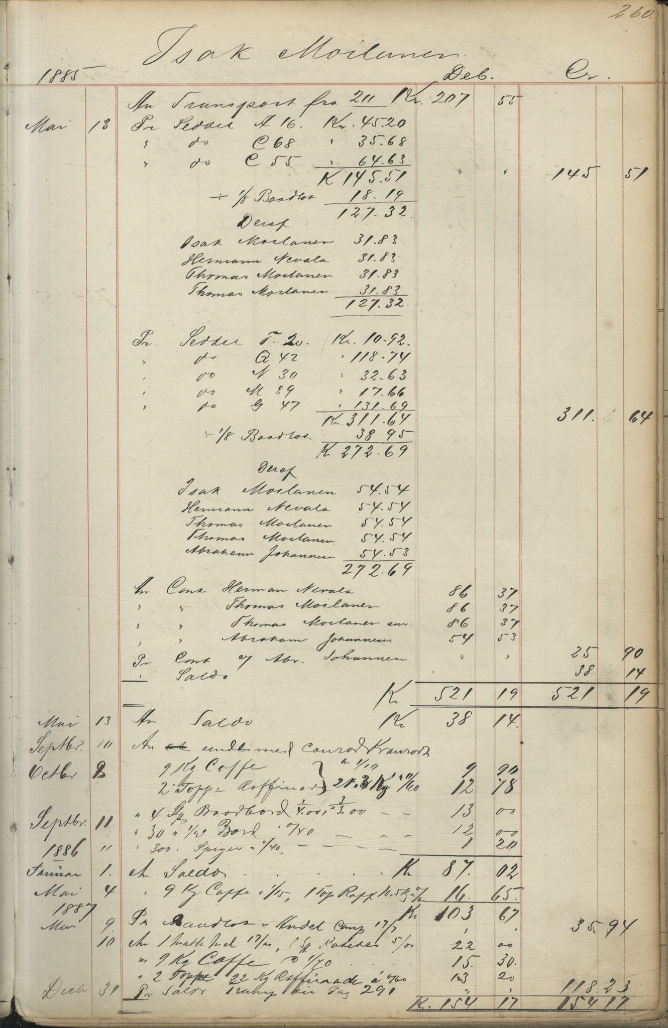 Brodtkorb handel A/S, VAMU/A-0001/F/Fc/L0001/0001: Konto for kvener og nordmenn på Kolahalvøya  / Conto for Kvæner og Nordmænd paa Russefinmarken No 1, 1868-1894, p. 260