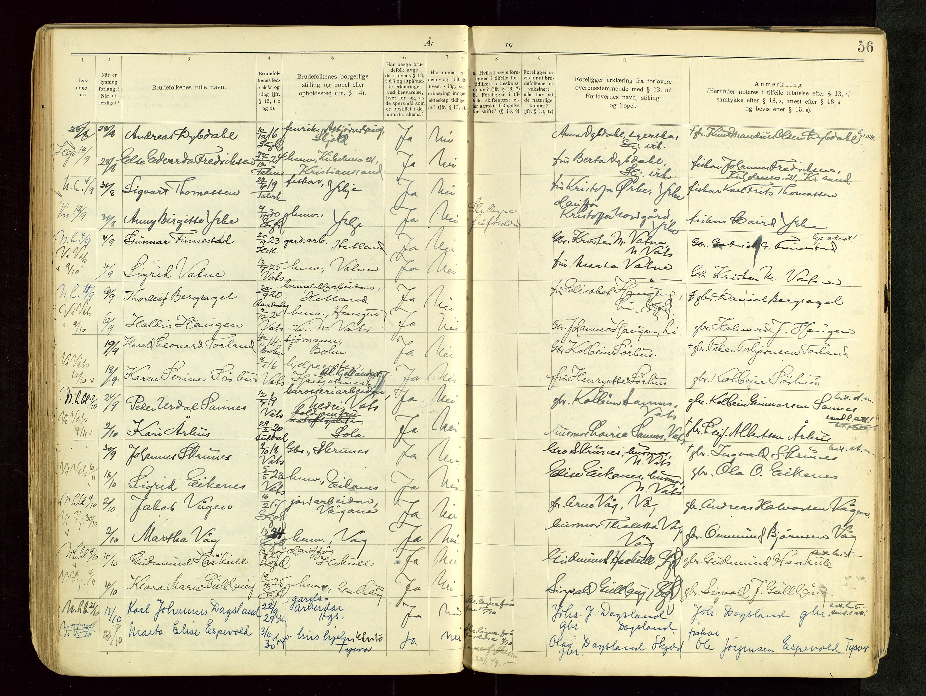 Skjold sokneprestkontor, AV/SAST-A-101847/I/Ie/L0001: Banns register no. 1, 1919-1966, p. 56