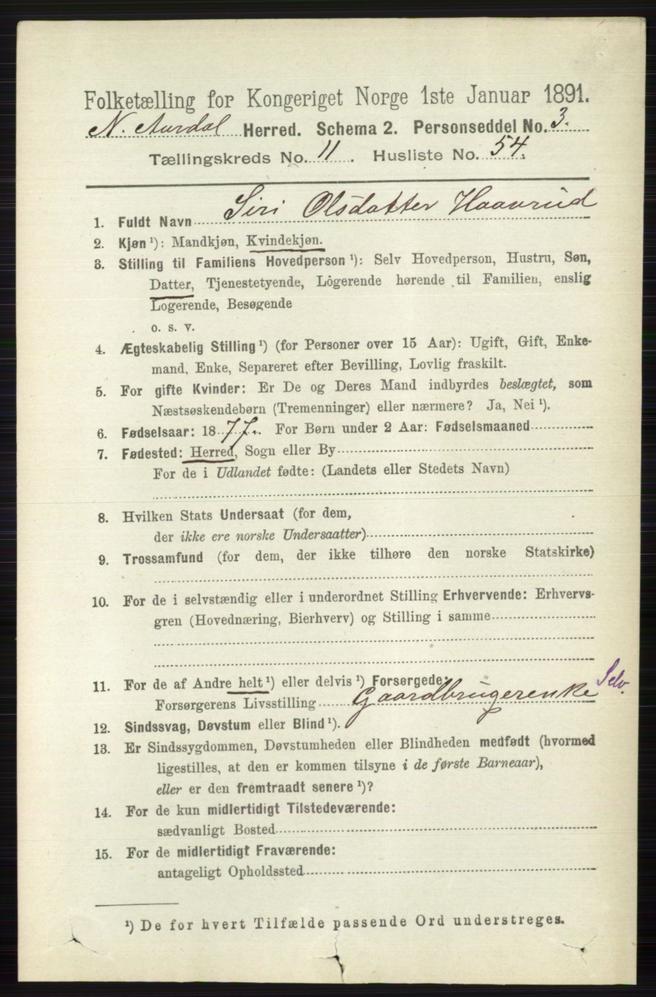 RA, 1891 census for 0542 Nord-Aurdal, 1891, p. 4458