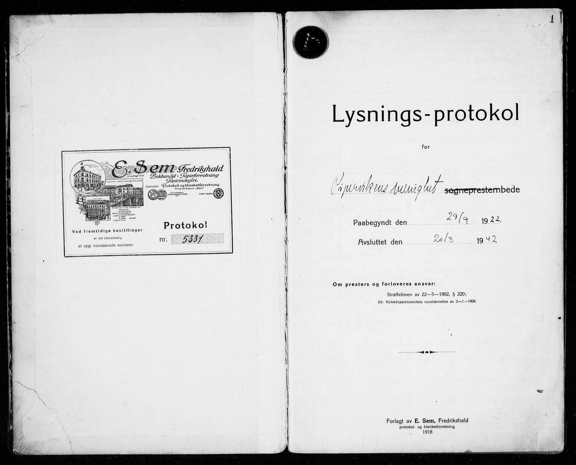 Piperviken prestekontor Kirkebøker, SAO/A-10874/H/L0002: Banns register no. 2, 1922-1942, p. 1
