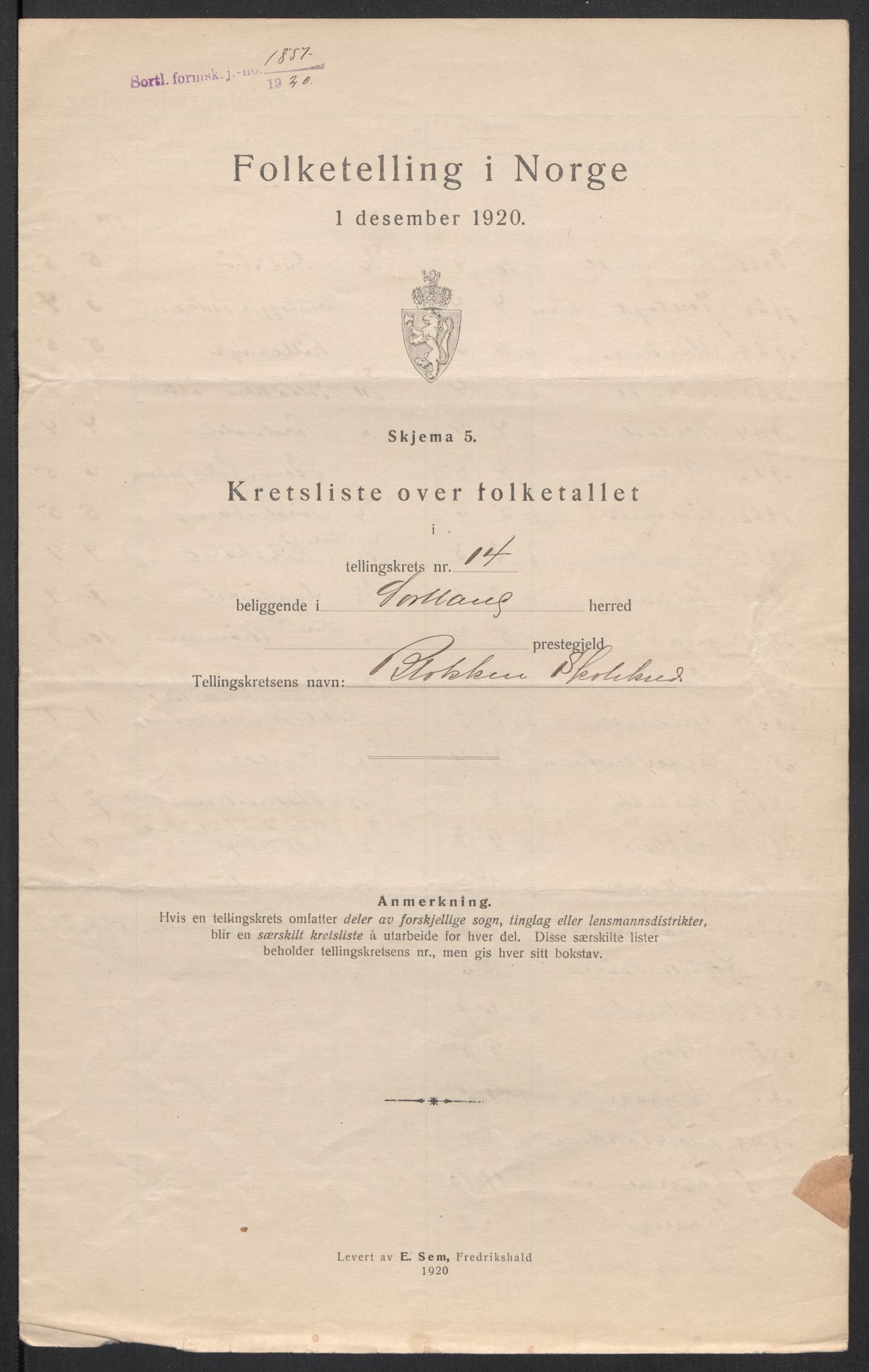 SAT, 1920 census for Sortland, 1920, p. 53