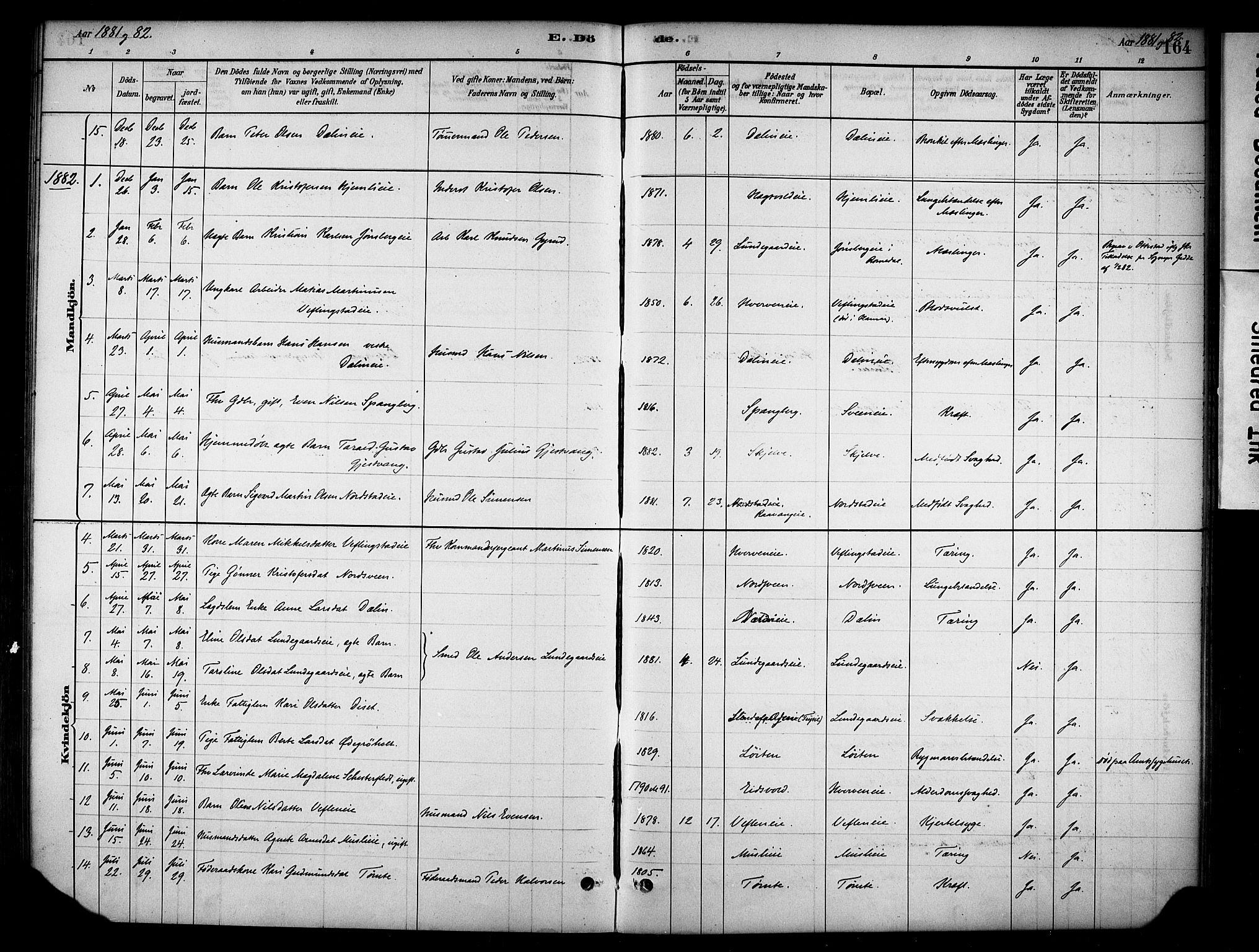 Stange prestekontor, SAH/PREST-002/K/L0019: Parish register (official) no. 19, 1880-1891, p. 164