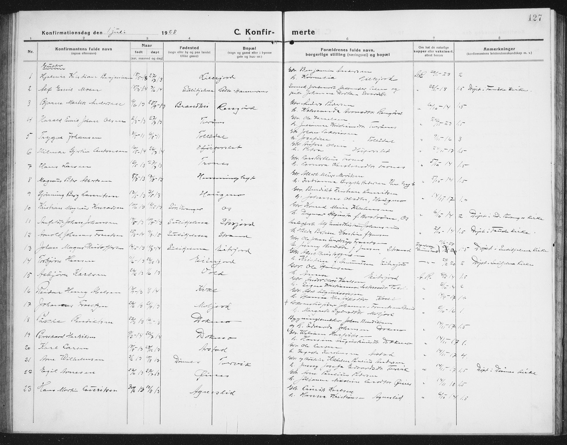 Ministerialprotokoller, klokkerbøker og fødselsregistre - Nordland, AV/SAT-A-1459/846/L0656: Parish register (copy) no. 846C06, 1917-1936, p. 127