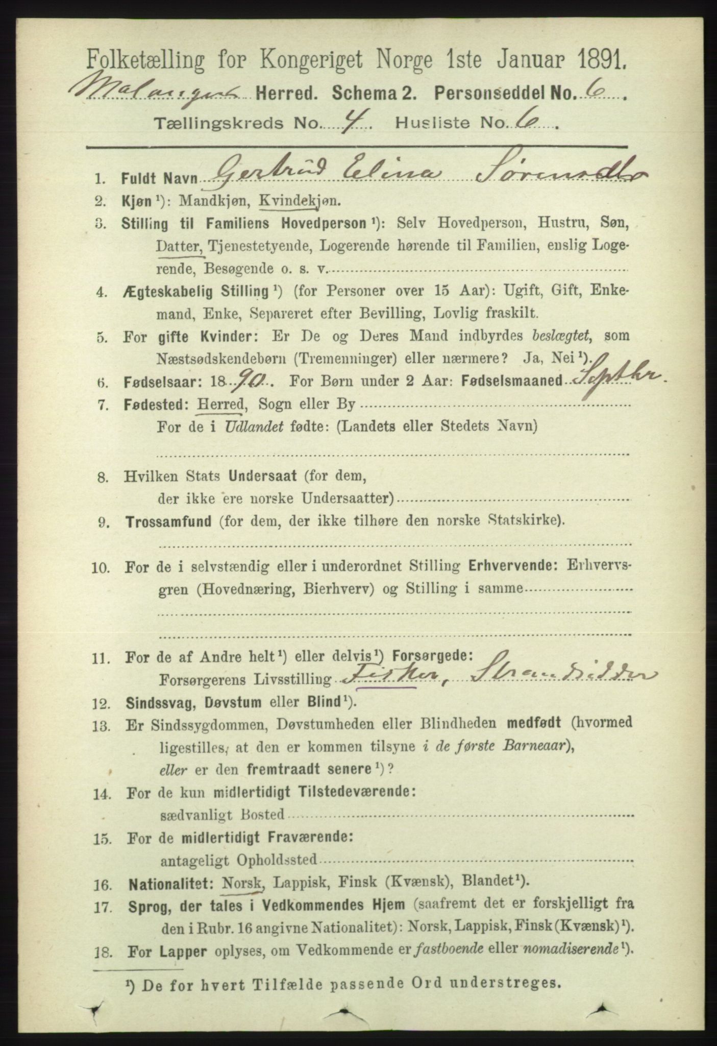 RA, 1891 census for 1932 Malangen, 1891, p. 1138