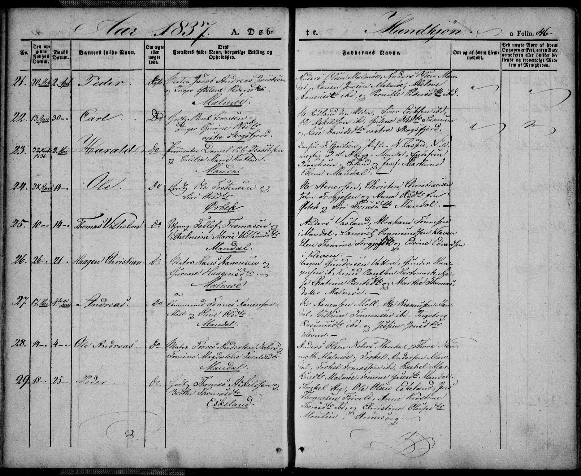 Mandal sokneprestkontor, AV/SAK-1111-0030/F/Fa/Faa/L0011: Parish register (official) no. A 11, 1830-1839, p. 46