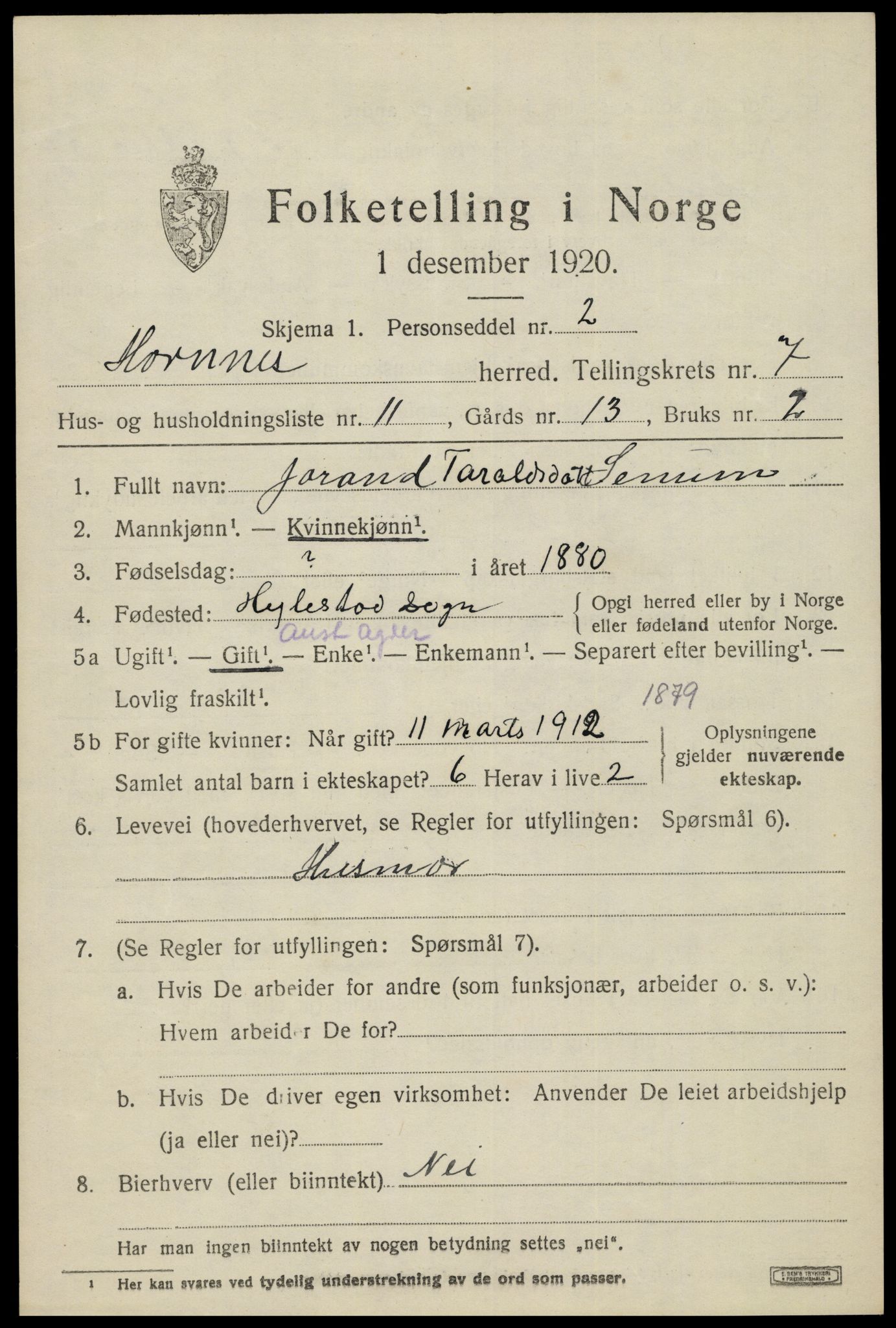 SAK, 1920 census for Hornnes, 1920, p. 1767