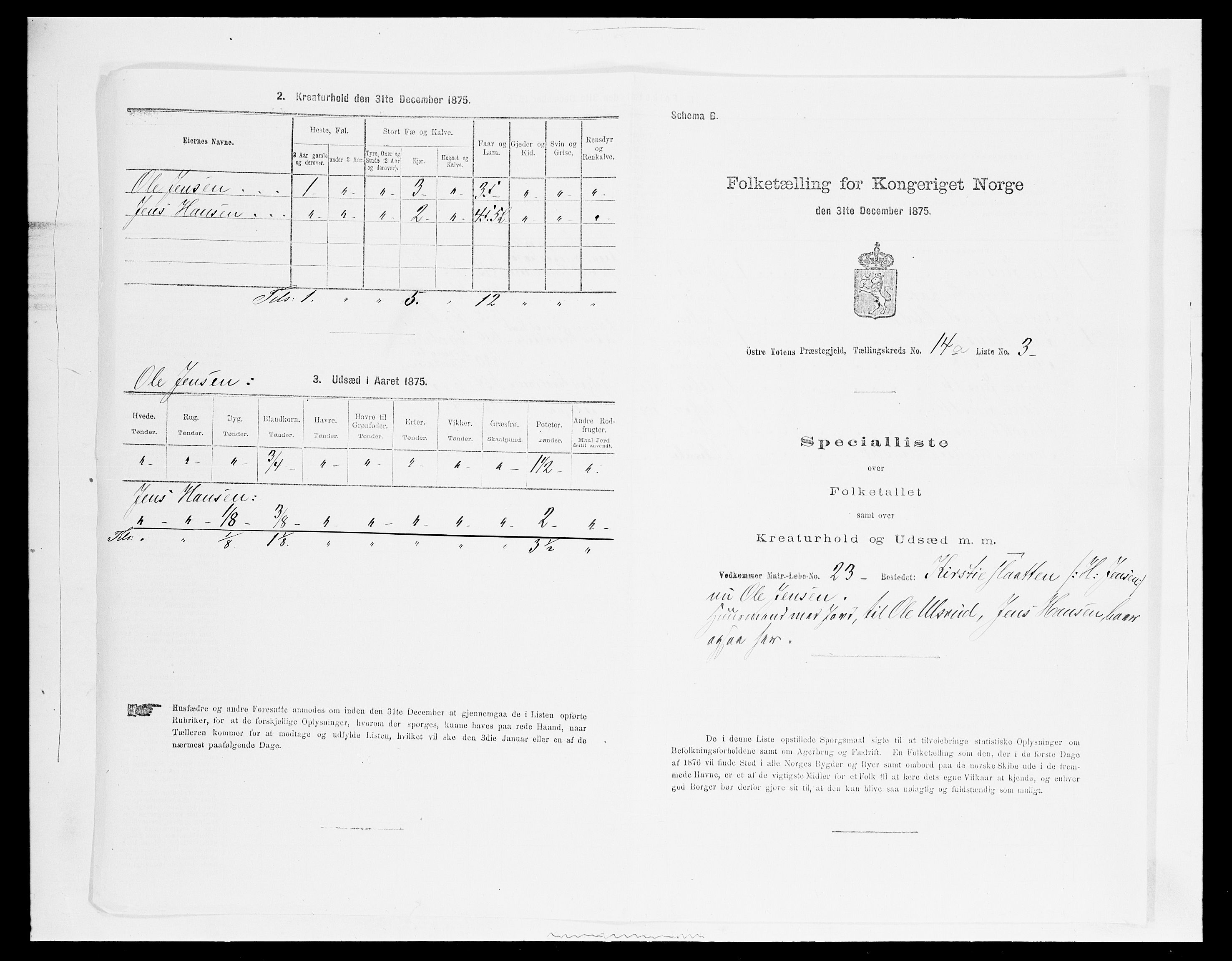 SAH, 1875 census for 0528P Østre Toten, 1875, p. 2618