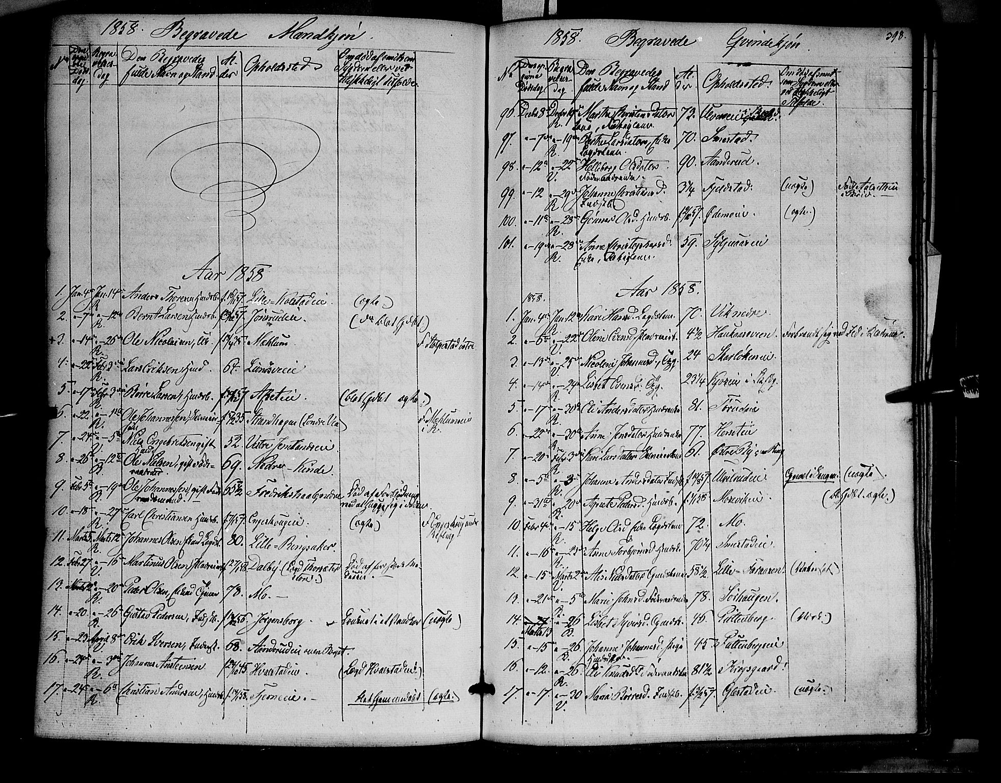 Ringsaker prestekontor, AV/SAH-PREST-014/K/Ka/L0009: Parish register (official) no. 9, 1850-1860, p. 398