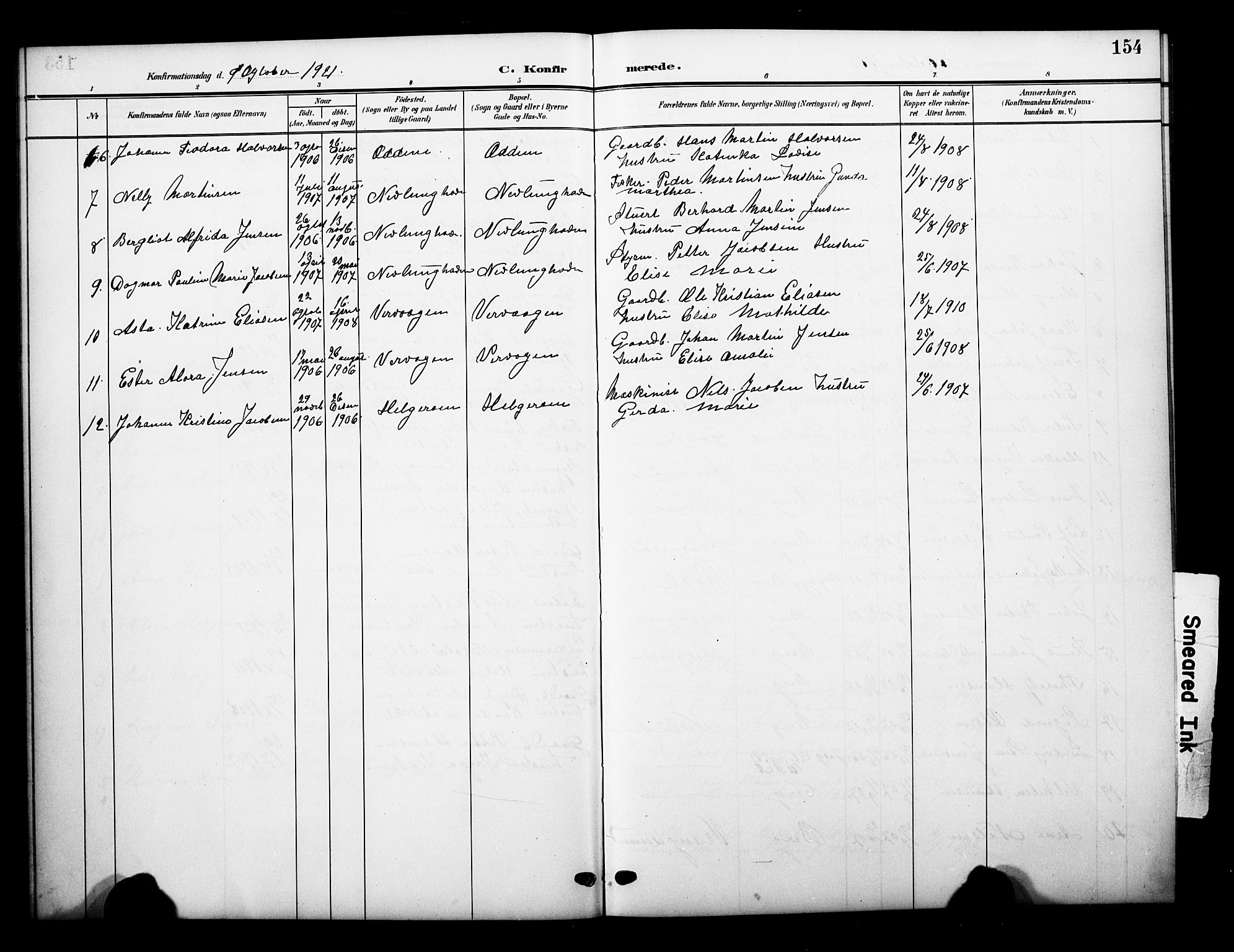 Brunlanes kirkebøker, AV/SAKO-A-342/G/Gb/L0003: Parish register (copy) no. II 3, 1903-1928, p. 154