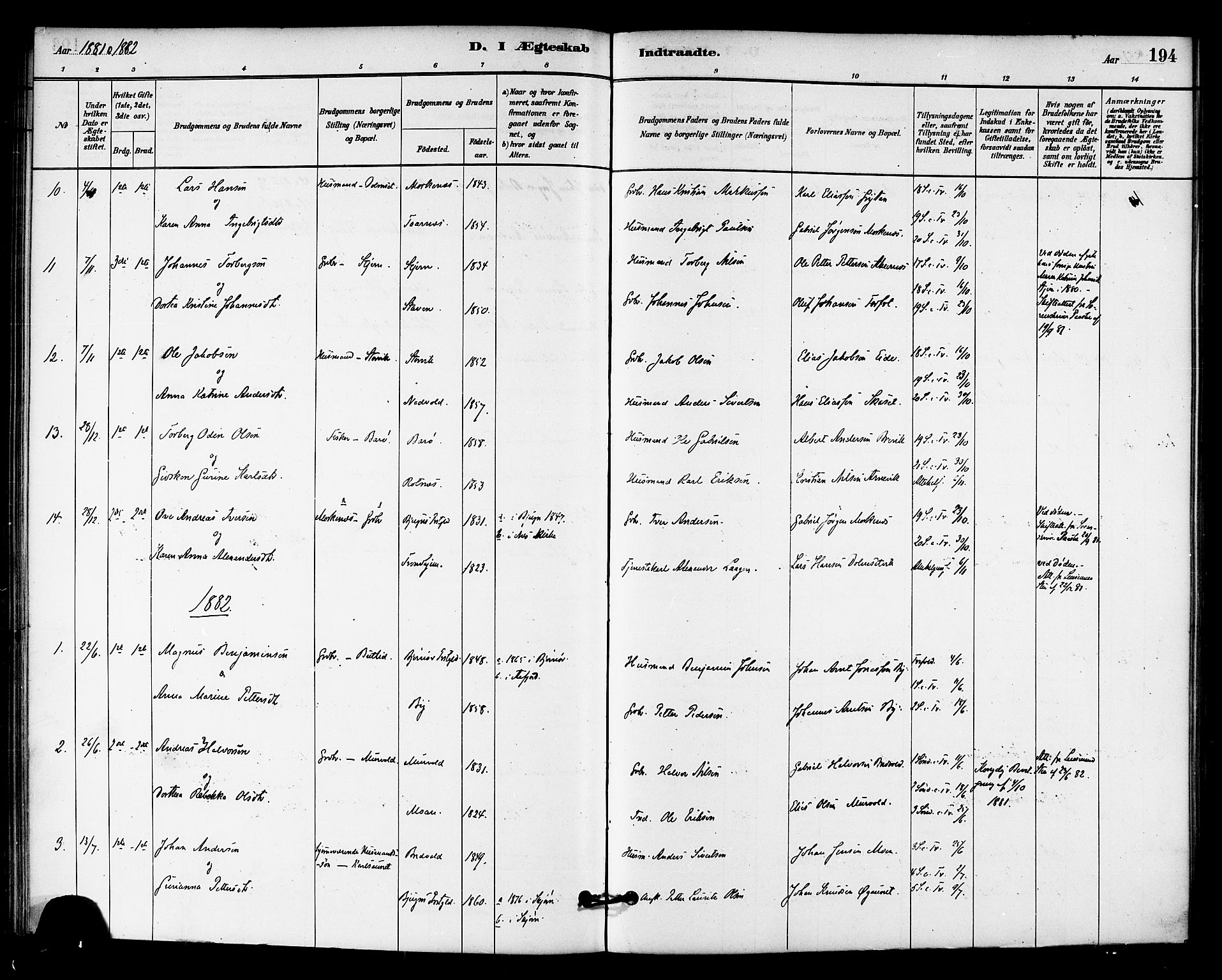 Ministerialprotokoller, klokkerbøker og fødselsregistre - Sør-Trøndelag, AV/SAT-A-1456/655/L0680: Parish register (official) no. 655A09, 1880-1894, p. 194