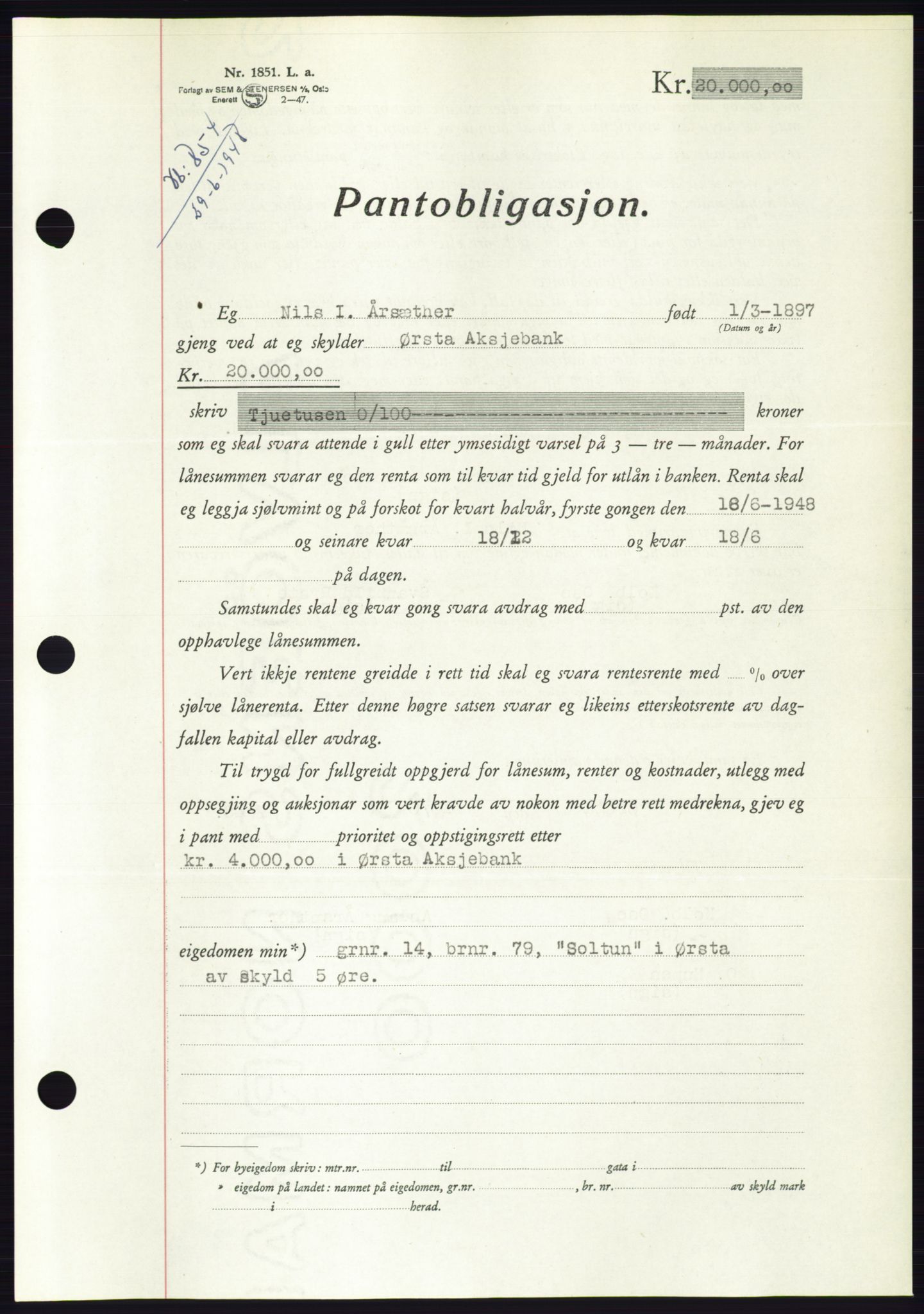 Søre Sunnmøre sorenskriveri, AV/SAT-A-4122/1/2/2C/L0116: Mortgage book no. 4B, 1948-1949, Diary no: : 854/1948