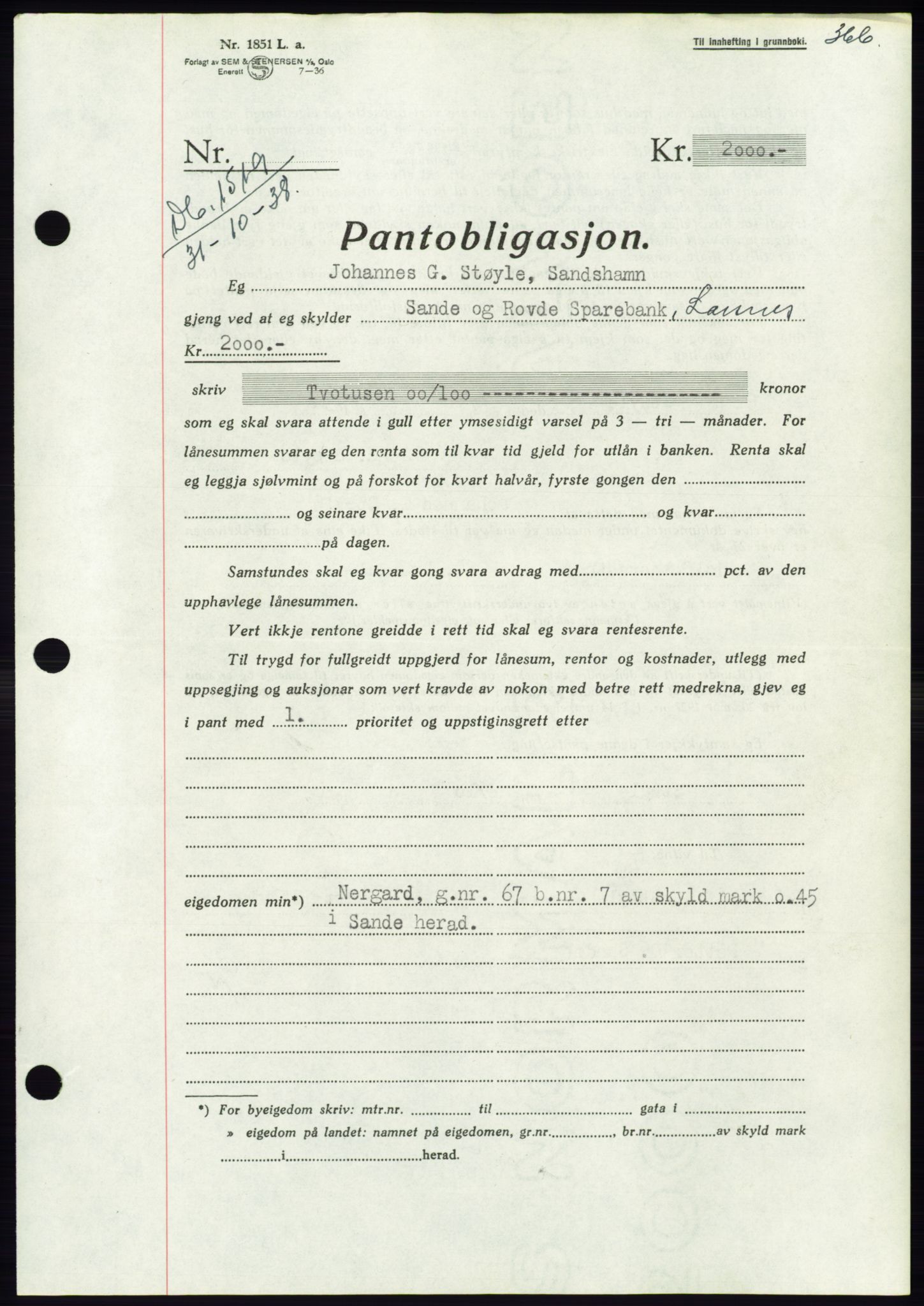 Søre Sunnmøre sorenskriveri, AV/SAT-A-4122/1/2/2C/L0066: Mortgage book no. 60, 1938-1938, Diary no: : 1519/1938