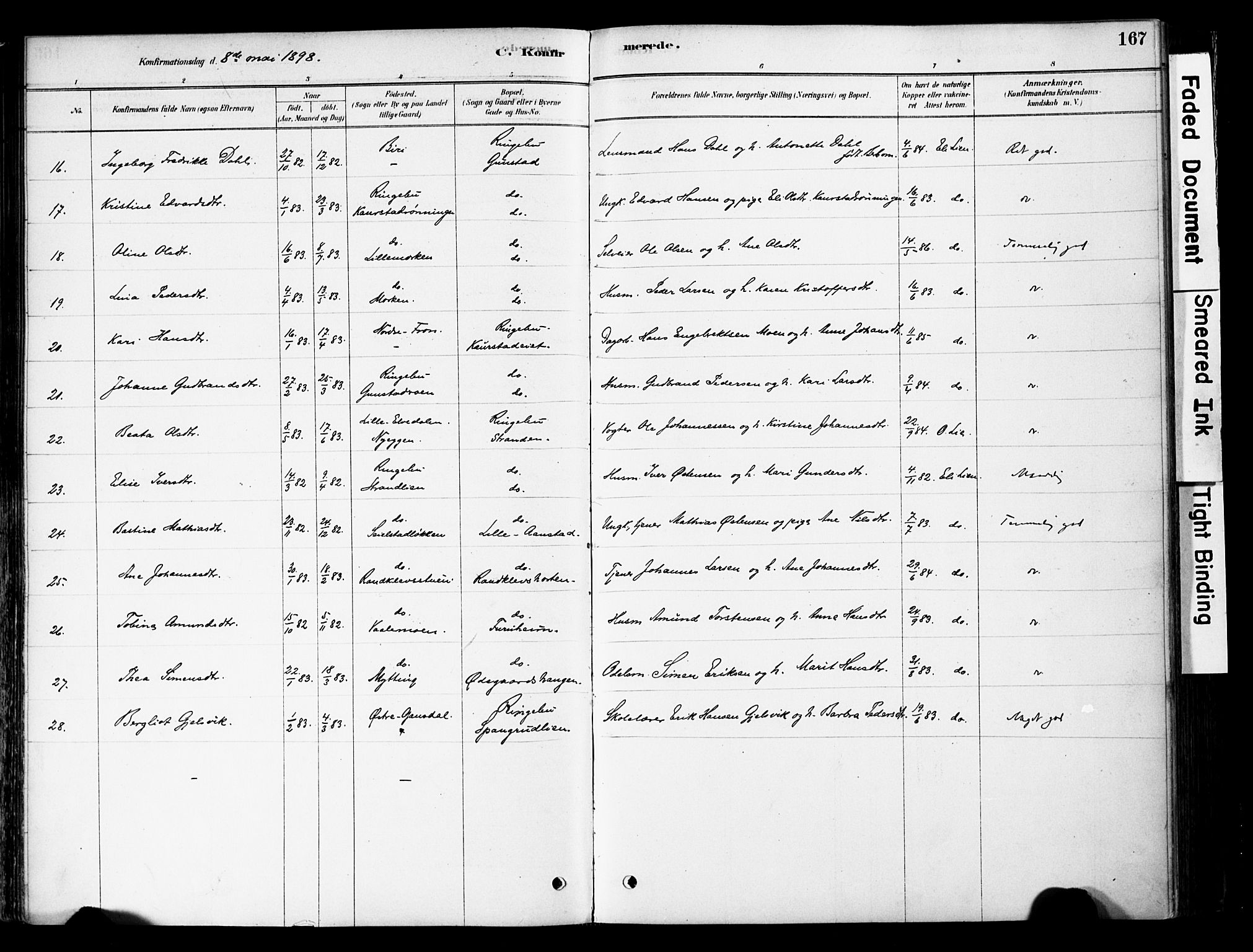 Ringebu prestekontor, AV/SAH-PREST-082/H/Ha/Haa/L0008: Parish register (official) no. 8, 1878-1898, p. 167