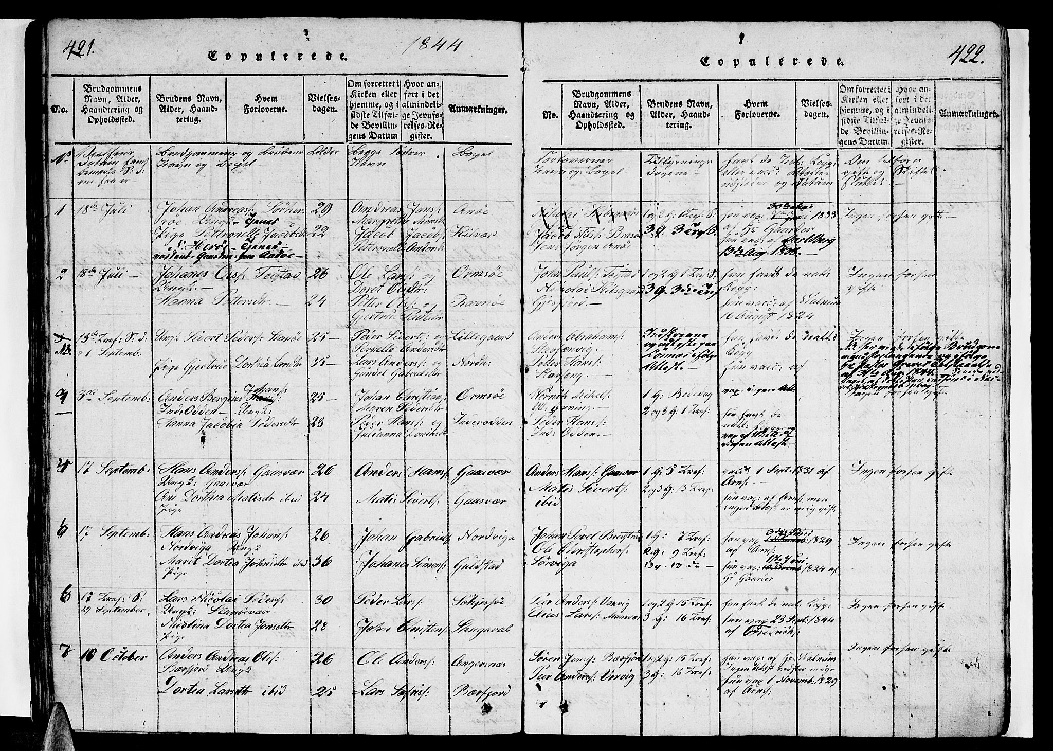 Ministerialprotokoller, klokkerbøker og fødselsregistre - Nordland, AV/SAT-A-1459/834/L0510: Parish register (copy) no. 834C01, 1820-1847, p. 421-422