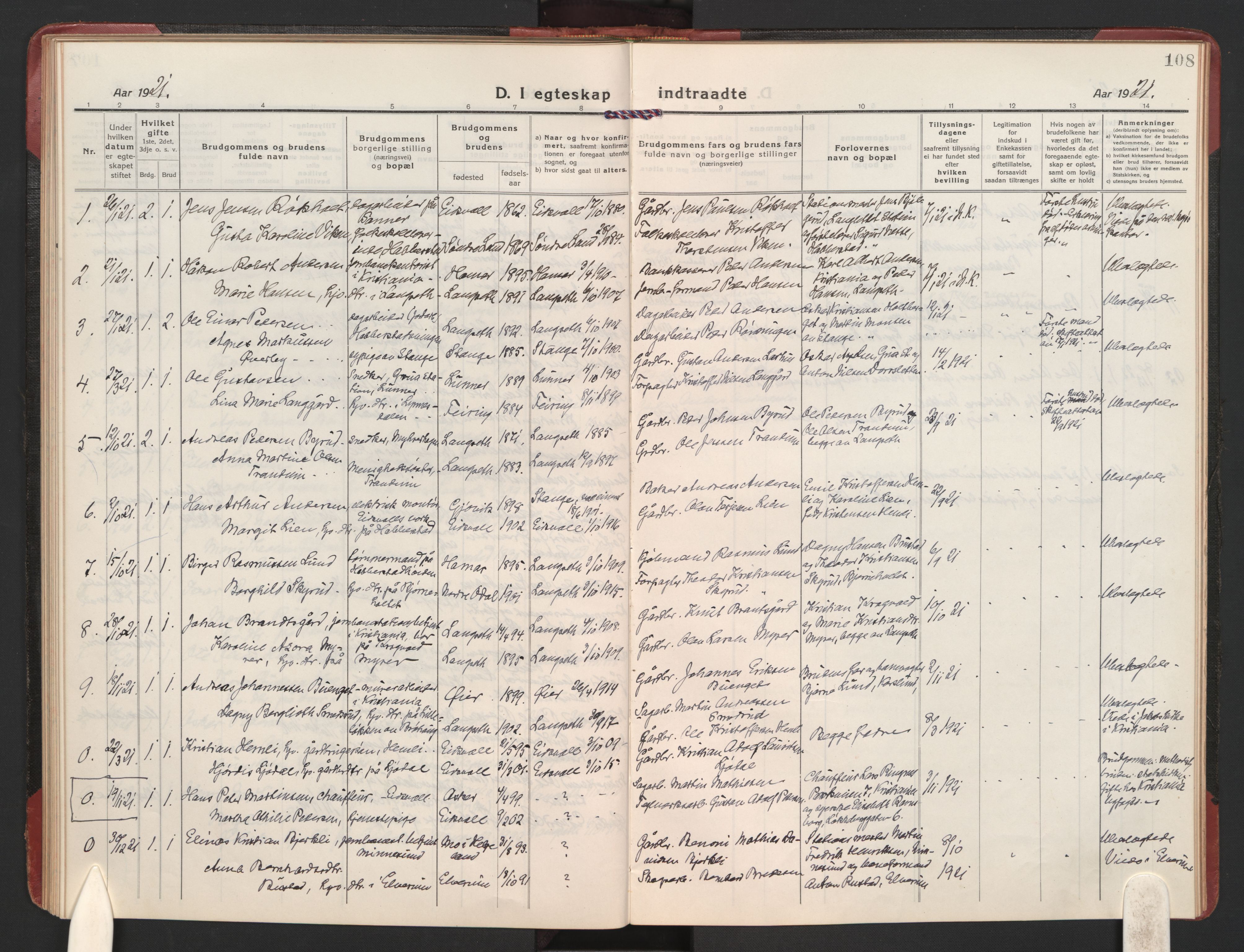 Eidsvoll prestekontor Kirkebøker, AV/SAO-A-10888/F/Fb/L0005: Parish register (official) no. II 5, 1920-1923, p. 108