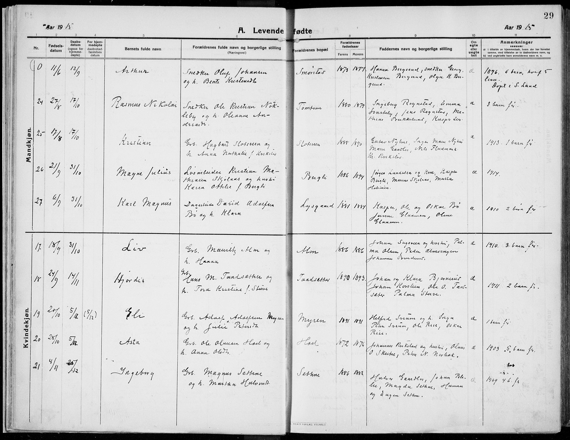 Kolbu prestekontor, AV/SAH-PREST-110/H/Ha/Haa/L0002: Parish register (official) no. 2, 1912-1926, p. 29