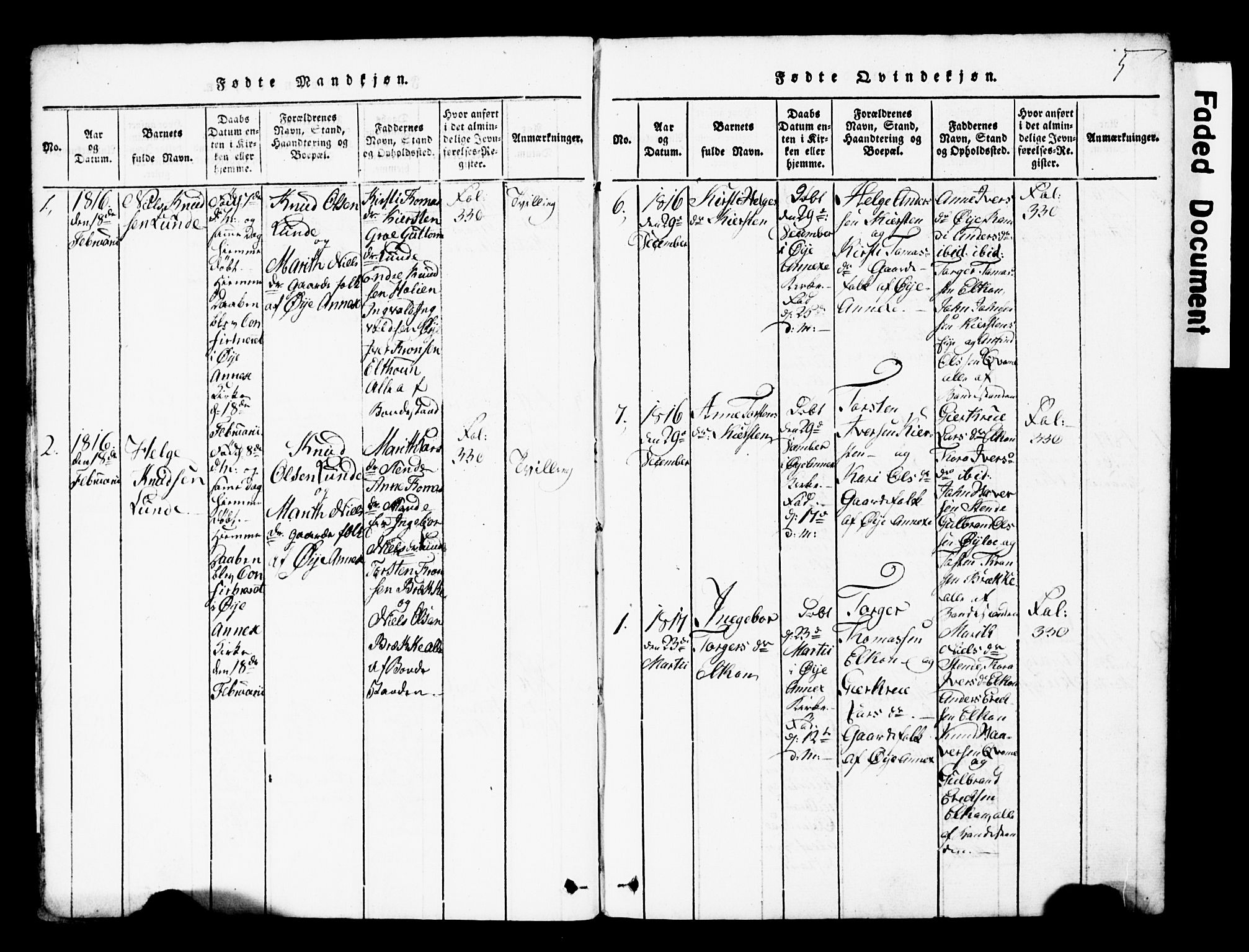 Vang prestekontor, Valdres, SAH/PREST-140/H/Hb/L0001: Parish register (copy) no. 1, 1814-1820, p. 5
