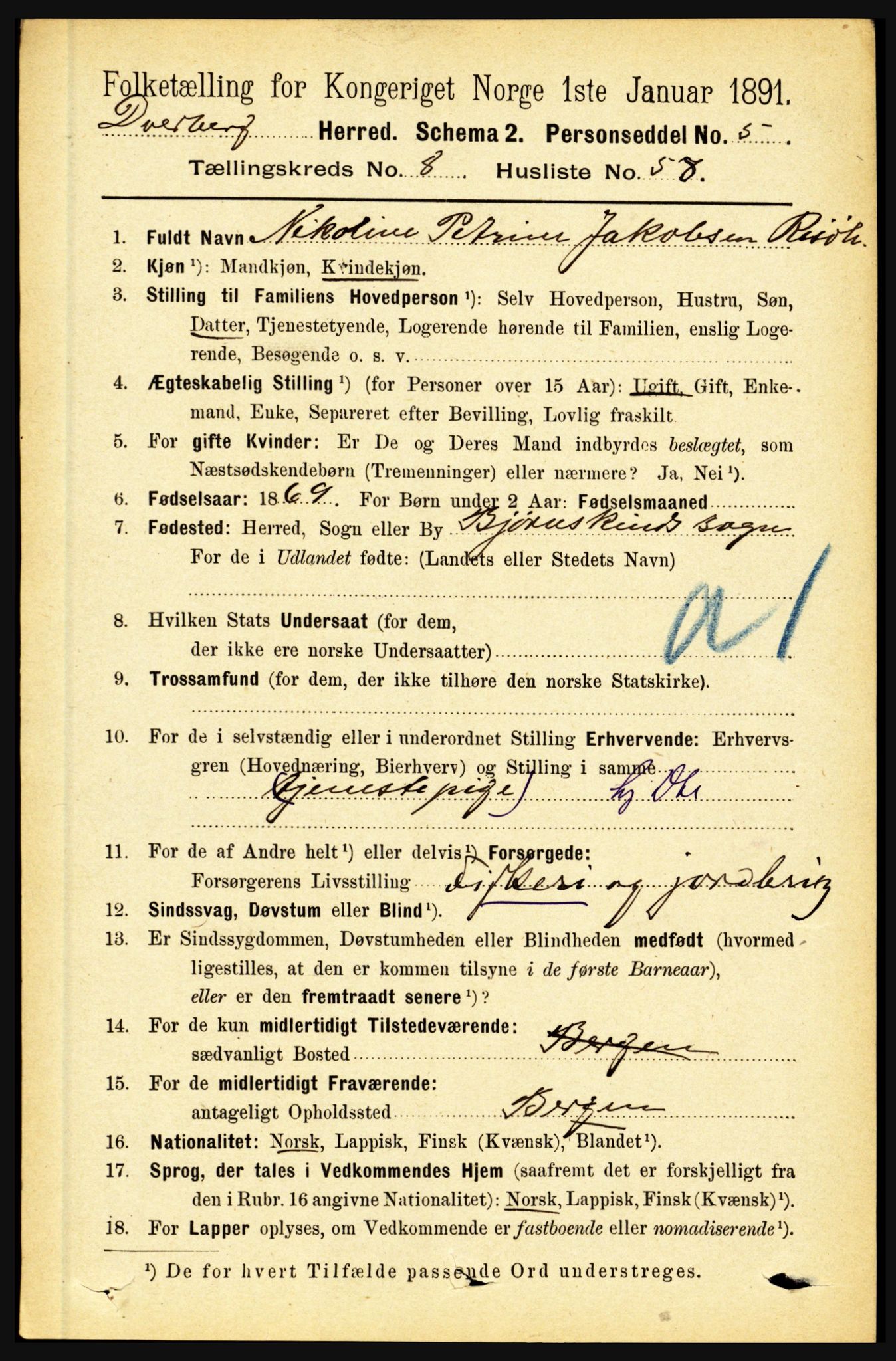 RA, 1891 census for 1872 Dverberg, 1891, p. 3469