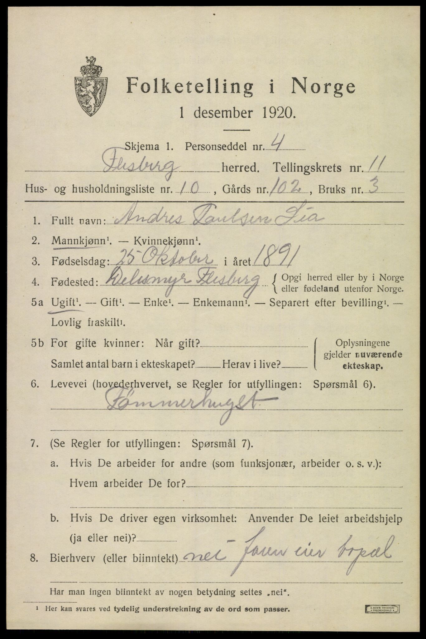 SAKO, 1920 census for Flesberg, 1920, p. 3833