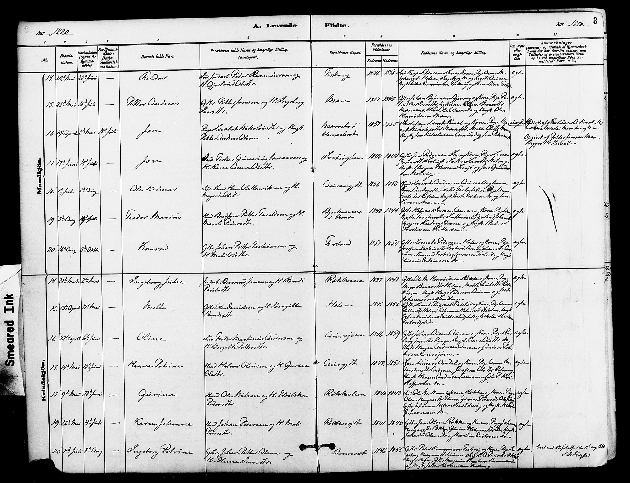 Ministerialprotokoller, klokkerbøker og fødselsregistre - Nord-Trøndelag, AV/SAT-A-1458/712/L0100: Parish register (official) no. 712A01, 1880-1900, p. 3