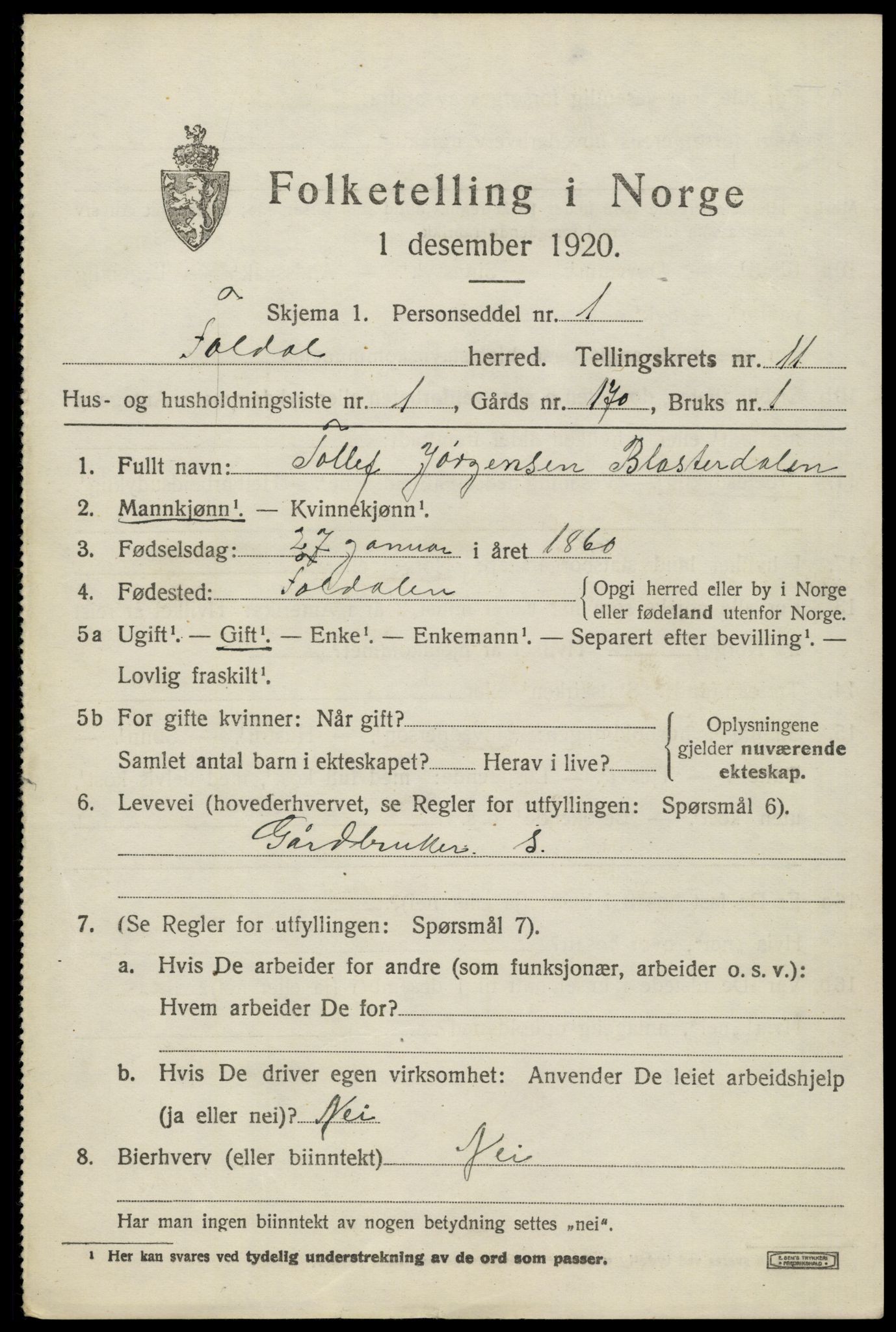SAH, 1920 census for Folldal, 1920, p. 5231