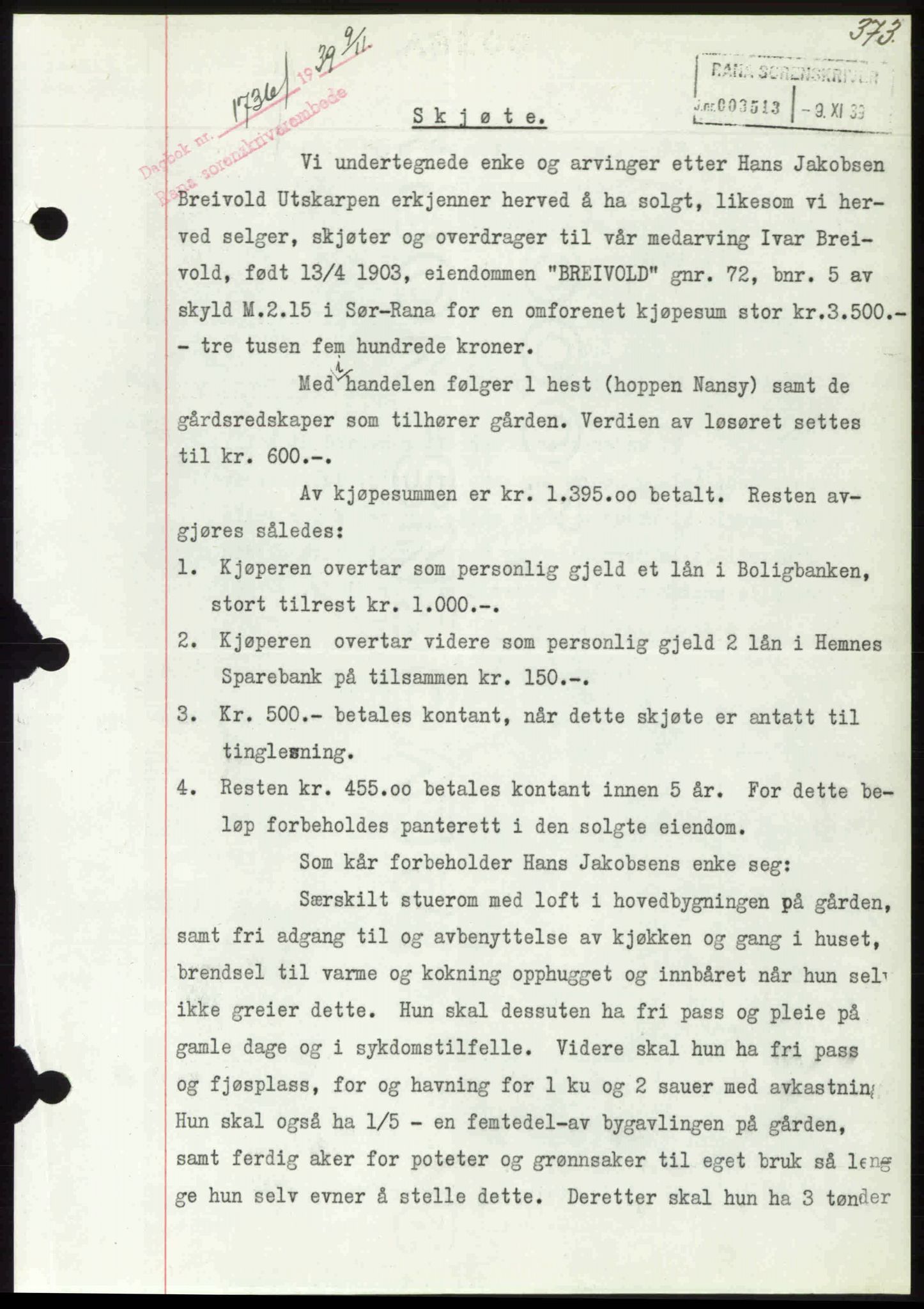 Rana sorenskriveri , SAT/A-1108/1/2/2C: Mortgage book no. A 6, 1939-1940, Diary no: : 1736/1939