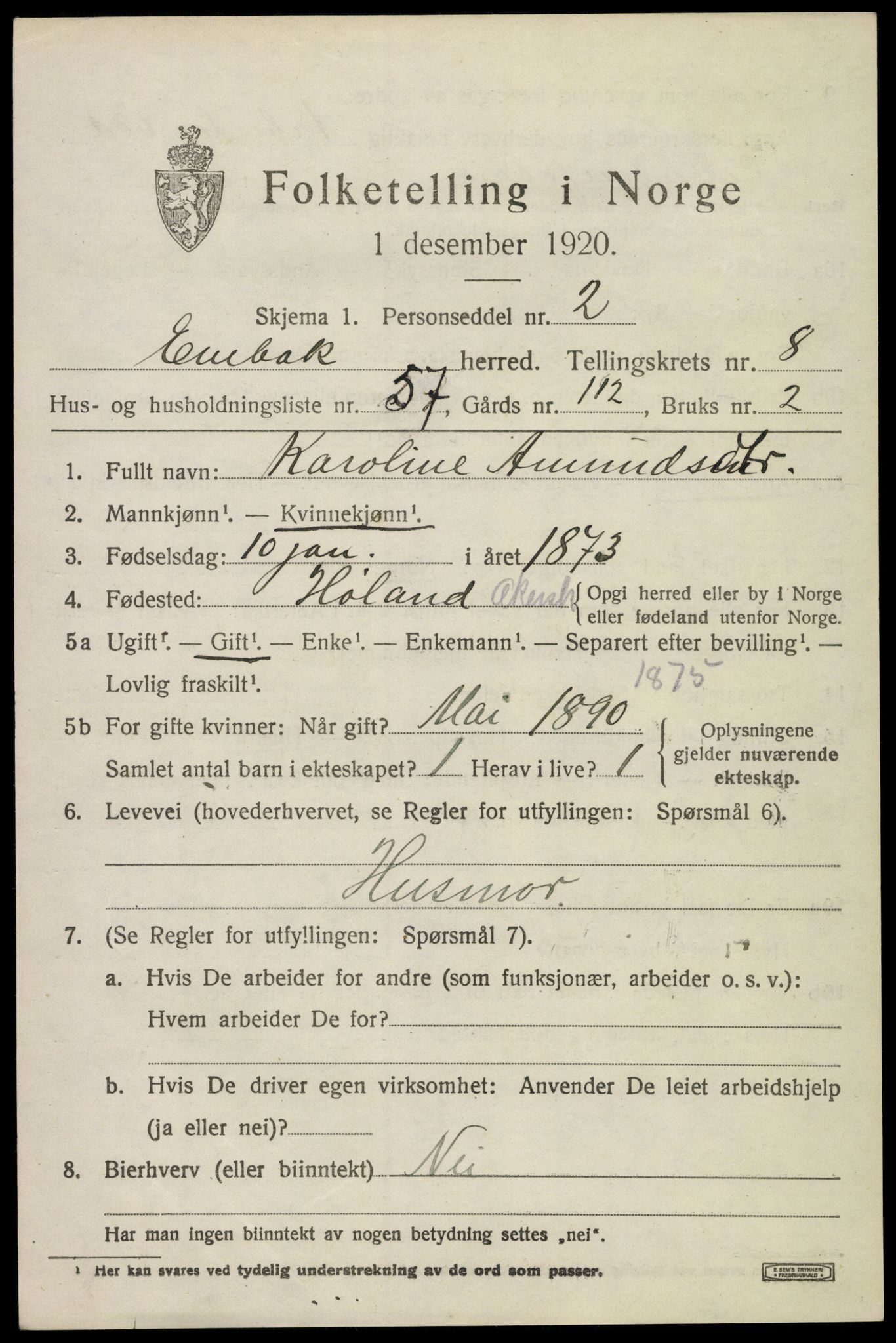 SAO, 1920 census for Enebakk, 1920, p. 7555