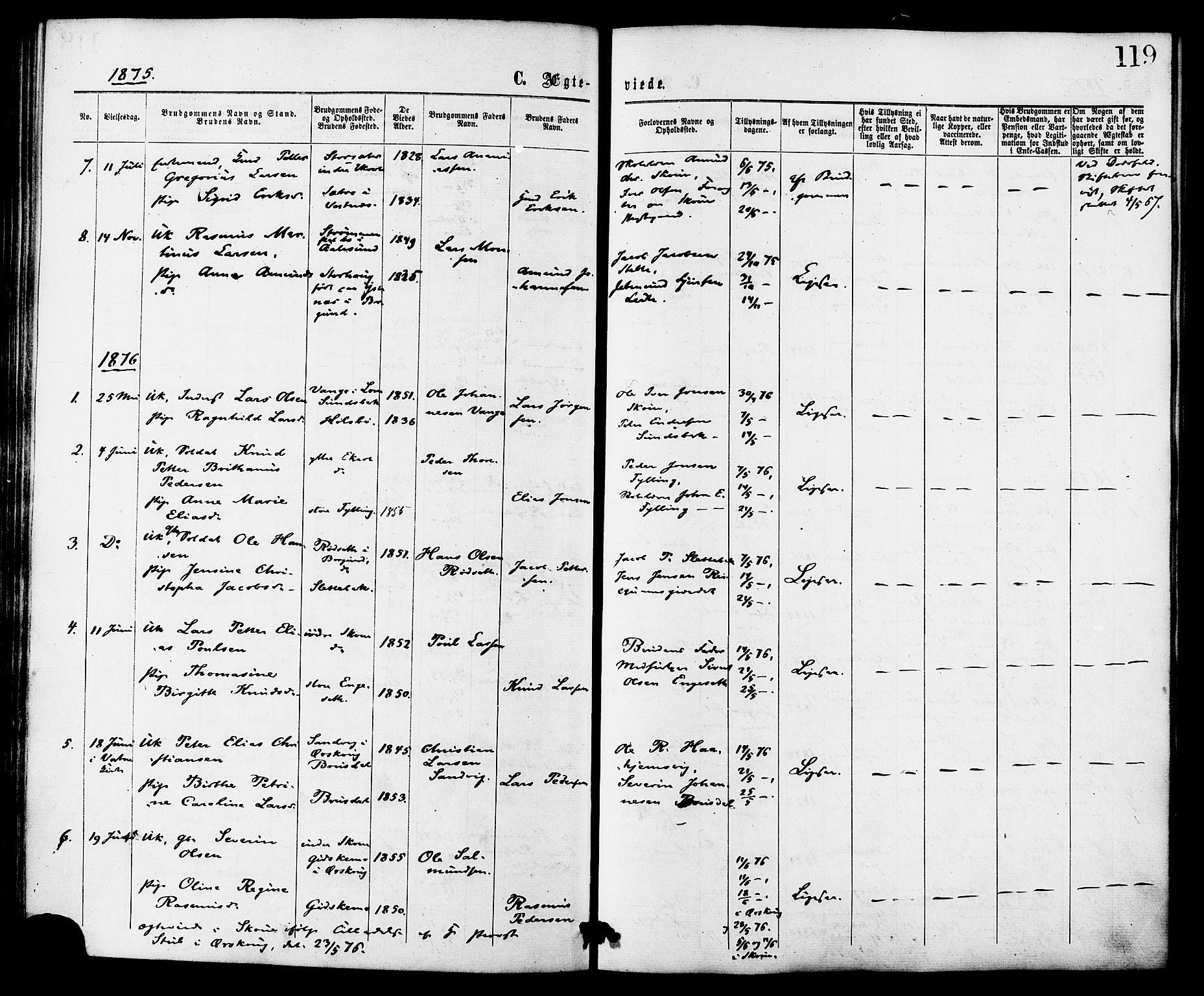 Ministerialprotokoller, klokkerbøker og fødselsregistre - Møre og Romsdal, AV/SAT-A-1454/524/L0355: Parish register (official) no. 524A07, 1864-1879, p. 119