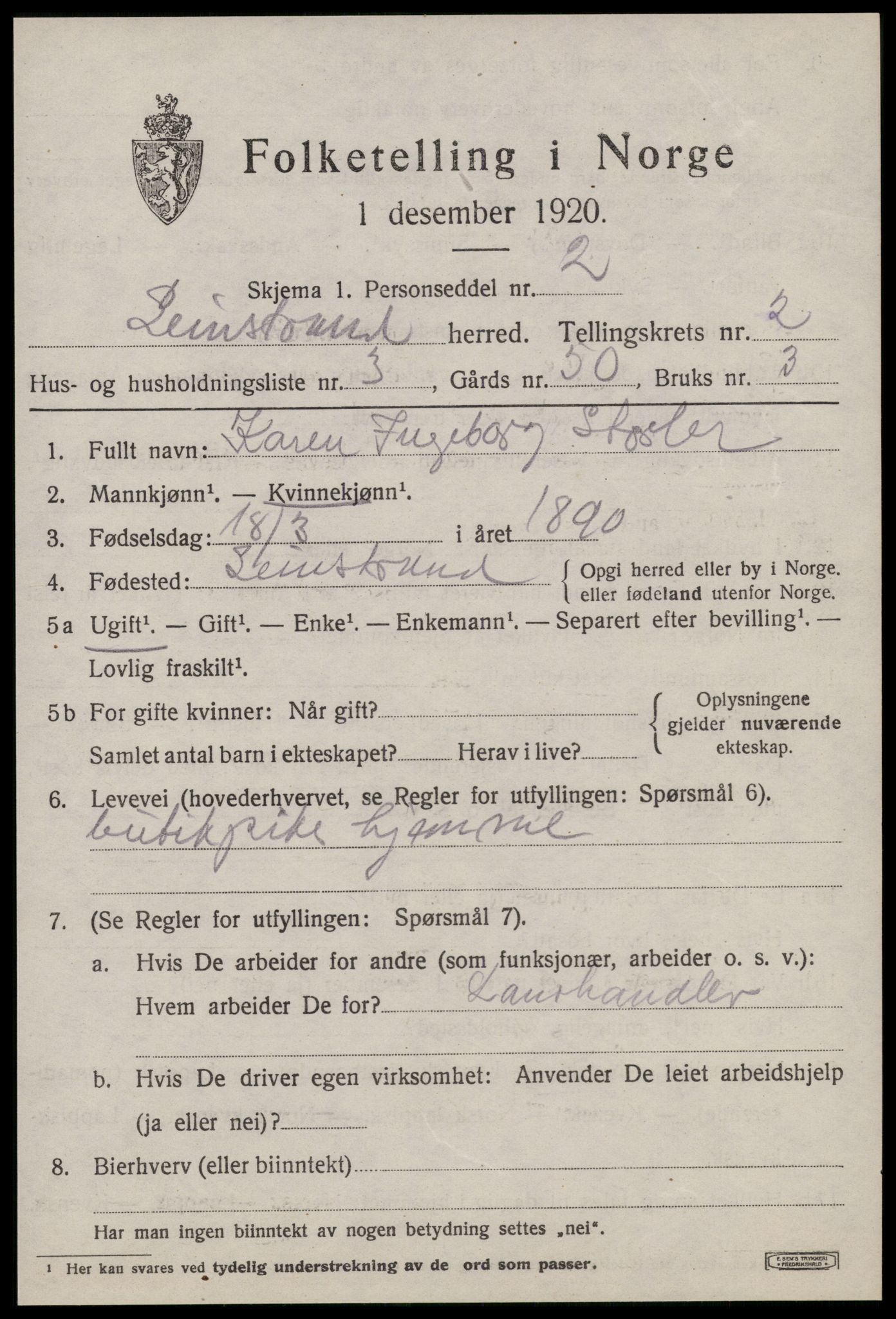 SAT, 1920 census for Leinstrand, 1920, p. 1569