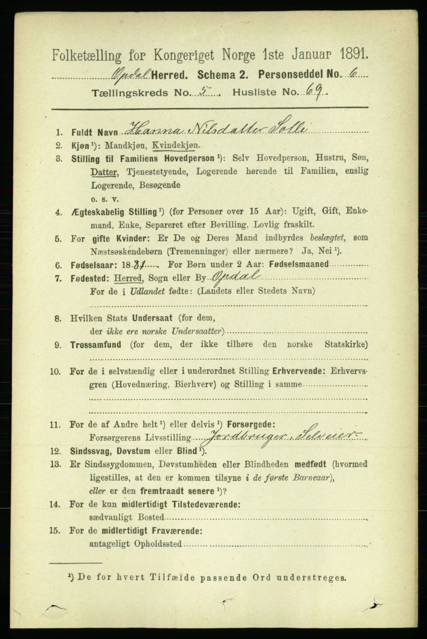 RA, 1891 census for 1634 Oppdal, 1891, p. 2662