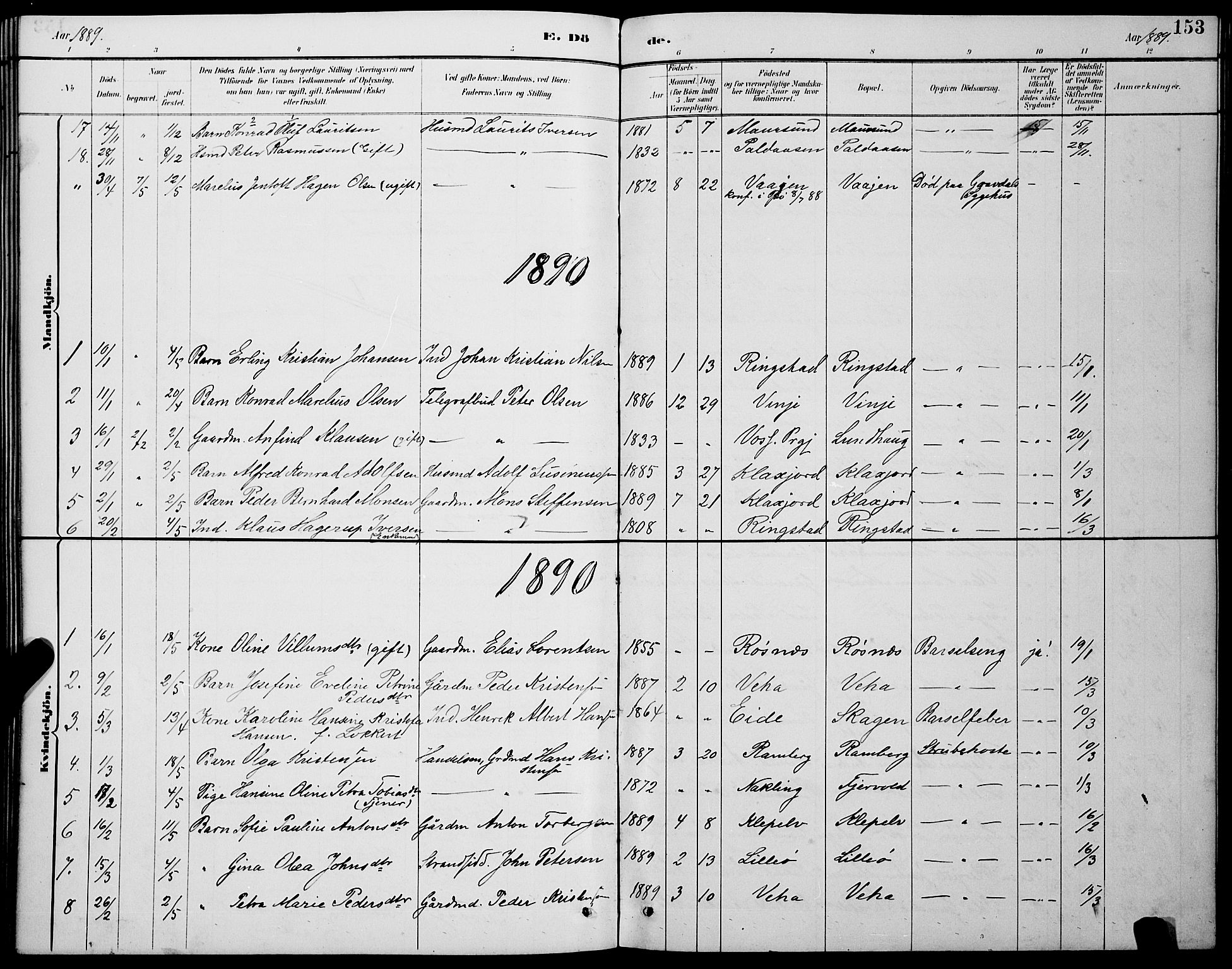 Ministerialprotokoller, klokkerbøker og fødselsregistre - Nordland, AV/SAT-A-1459/891/L1315: Parish register (copy) no. 891C04, 1886-1893, p. 153