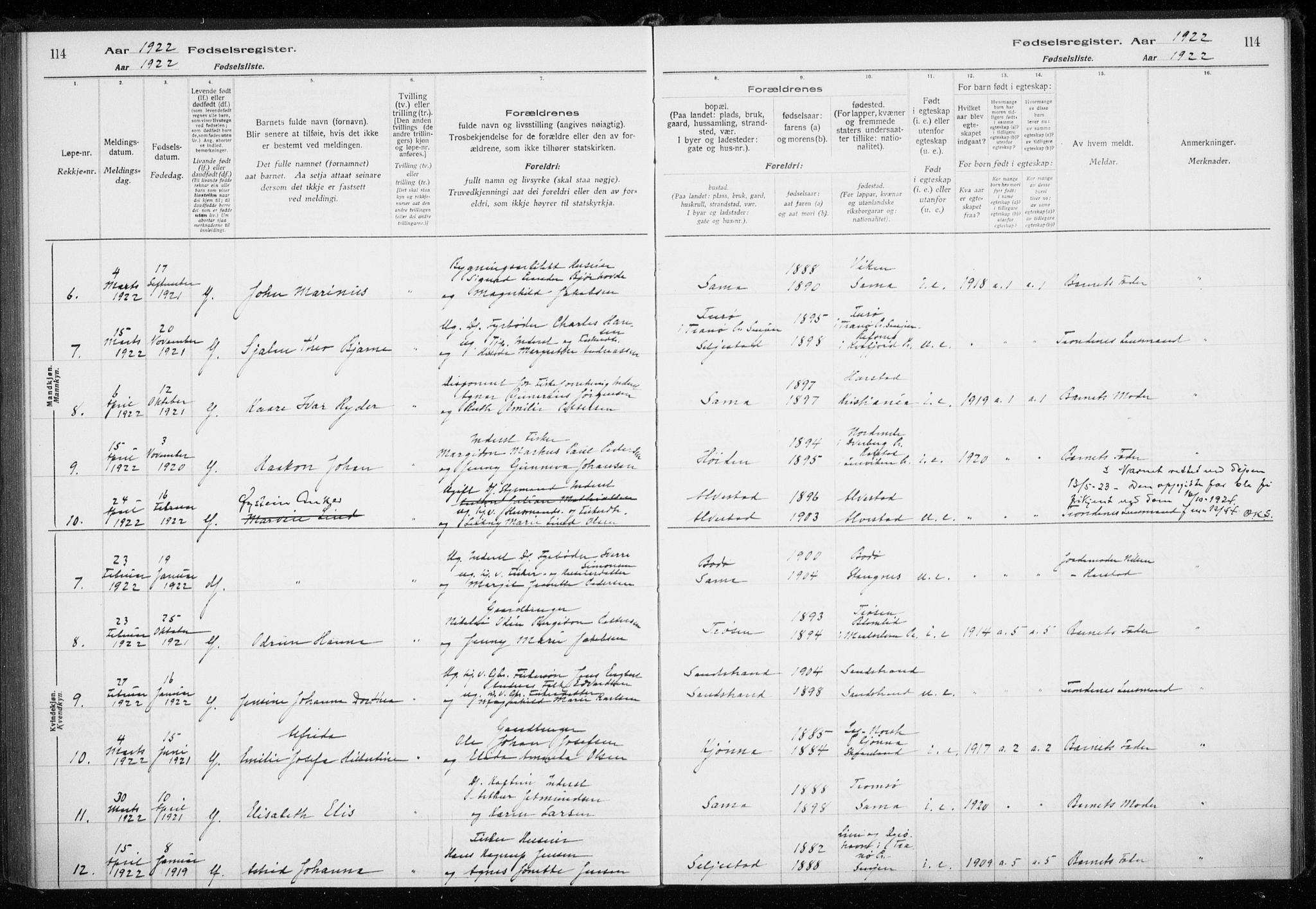 Trondenes sokneprestkontor, AV/SATØ-S-1319/I/Ia/L0089: Birth register no. 89, 1916-1925, p. 114