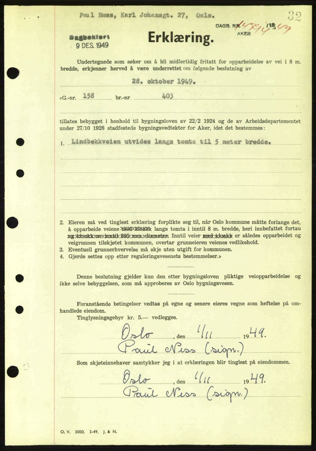 Oslo byskriverembete, AV/SAO-A-10227/G/Gb/Gbd/Gbda/L0017: Mortgage book no. A215, 1949-1950, Diary no: : 14714/1949