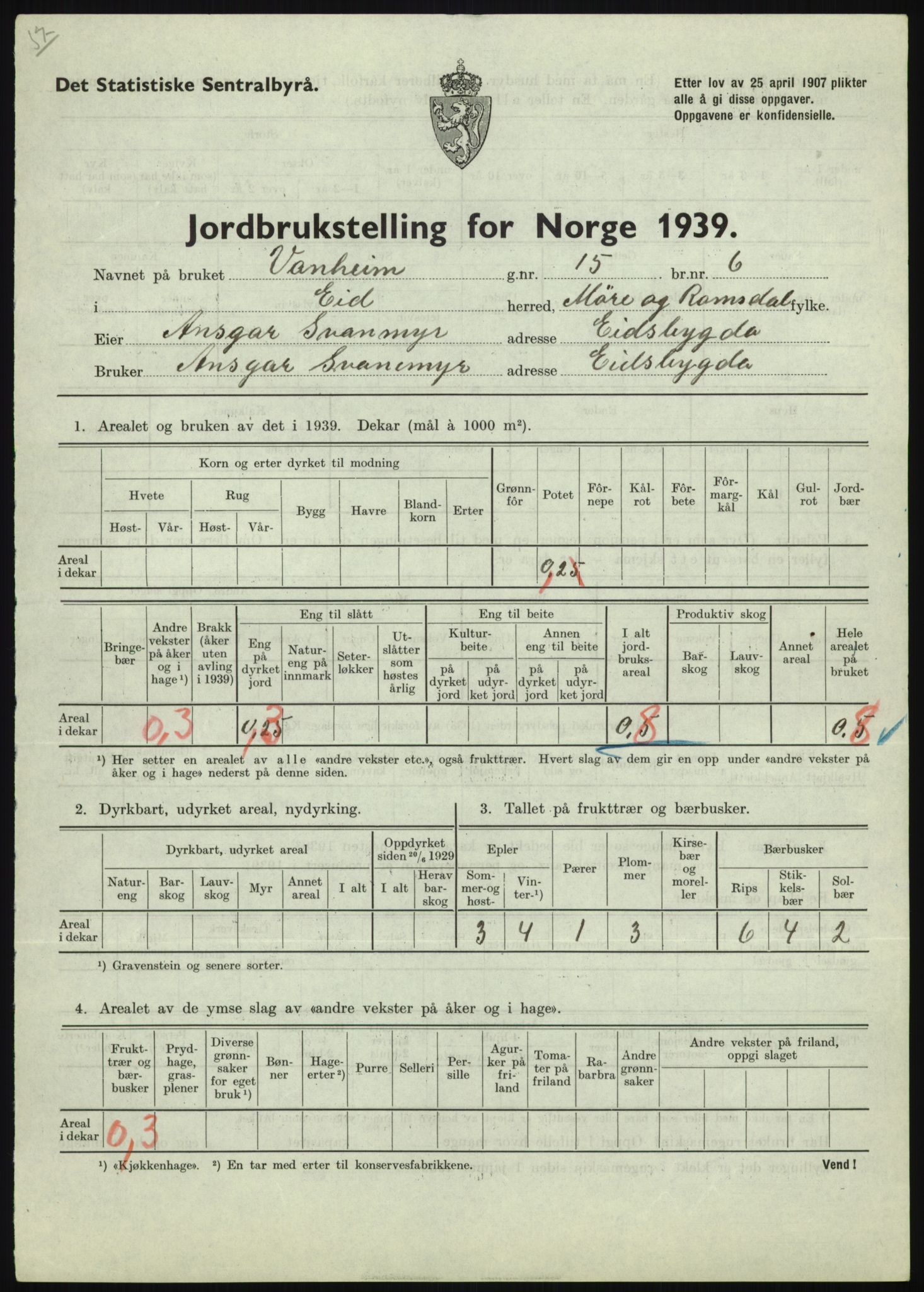 Statistisk sentralbyrå, Næringsøkonomiske emner, Jordbruk, skogbruk, jakt, fiske og fangst, AV/RA-S-2234/G/Gb/L0251: Møre og Romsdal: Voll, Eid, Grytten og Hen, 1939, p. 361