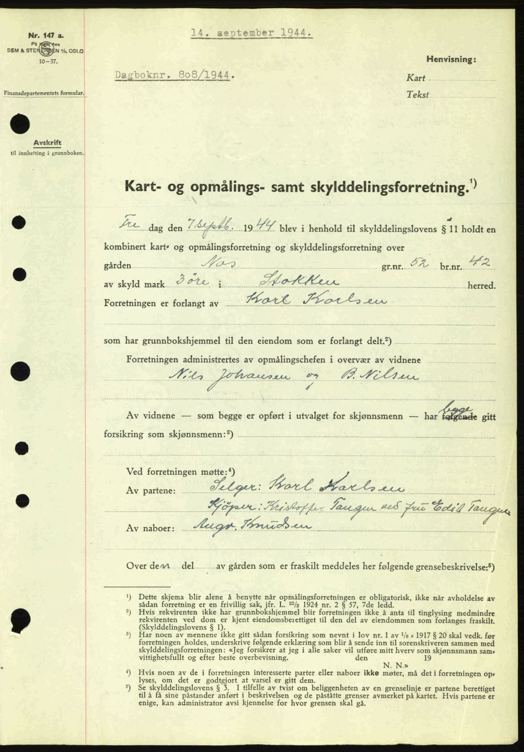 Nedenes sorenskriveri, AV/SAK-1221-0006/G/Gb/Gba/L0052: Mortgage book no. A6a, 1944-1945, Diary no: : 808/1944